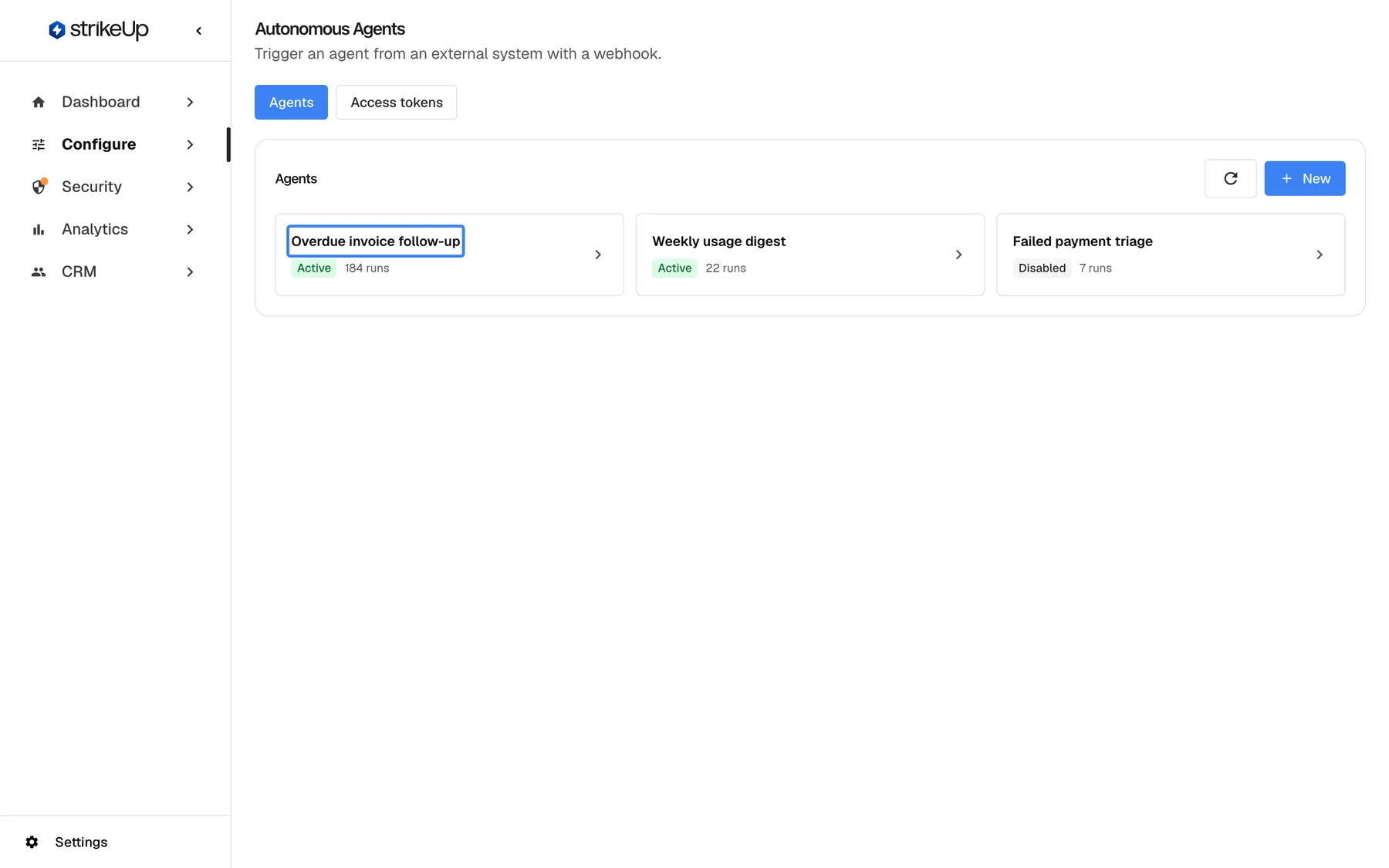 The Autonomous Agents page in StrikeUp, where webhook-triggered agents are set up, with the "Agents" tab selected. Three cards are shown: the highlighted "Overdue invoice follow-up" (Active, 184 runs), "Weekly usage digest" (Active, 22 runs) and "Failed payment triage" (Disabled, 7 runs). Selecting a card opens its editor with the prompt, the webhook instructions and the recent runs; "New" at the top right of the panel creates another agent.
