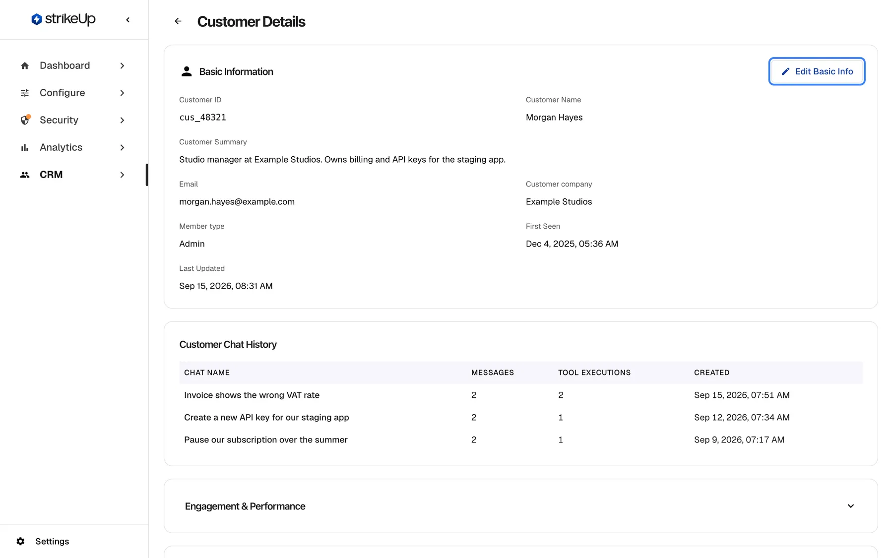 The Customer Details page for Morgan Hayes. The Basic Information card shows Customer ID cus_48321, Customer Name Morgan Hayes, the summary "Studio manager at Example Studios. Owns billing and API keys for the staging app.", Email morgan.hayes@example.com, Customer company Example Studios, Member type Admin, First Seen Dec 4, 2025 and Last Updated Sep 15, 2026. The "Edit Basic Info" button at the card's top right is highlighted. Below starts the Customer Chat History.