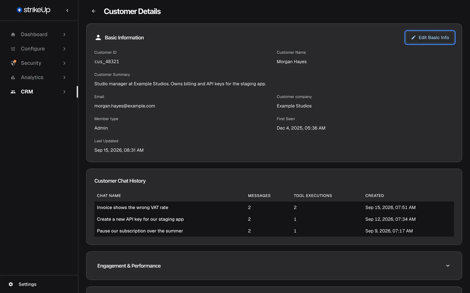 The Customer Details page for Morgan Hayes. The Basic Information card shows Customer ID cus_48321, Customer Name Morgan Hayes, the summary "Studio manager at Example Studios. Owns billing and API keys for the staging app.", Email morgan.hayes@example.com, Customer company Example Studios, Member type Admin, First Seen Dec 4, 2025 and Last Updated Sep 15, 2026. The "Edit Basic Info" button at the card's top right is highlighted. Below starts the Customer Chat History.