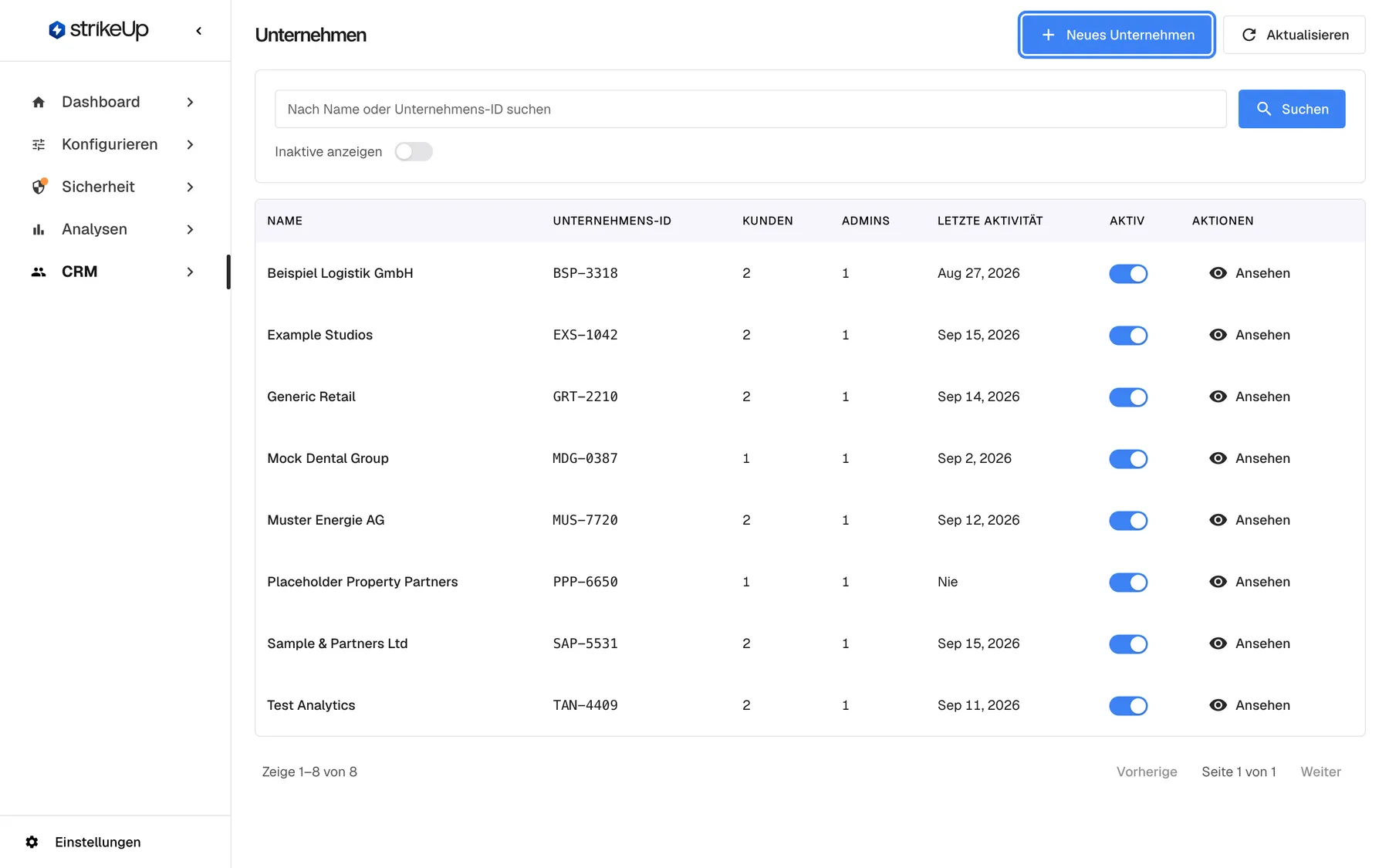Schritt 1 beim Einrichten eines Geschäftskunden: die Seite „Unternehmen“ unter CRM mit den vorhandenen Kundenunternehmen wie Placeholder Property Partners, Generic Retail und Sample & Partners Ltd samt Unternehmens-ID, Mitgliederzahlen, letzter Aktivität und Aktiv-Schalter. Oben rechts ist die Schaltfläche „Neues Unternehmen“ hervorgehoben; sie öffnet das Formular für das neue Kundenunternehmen.