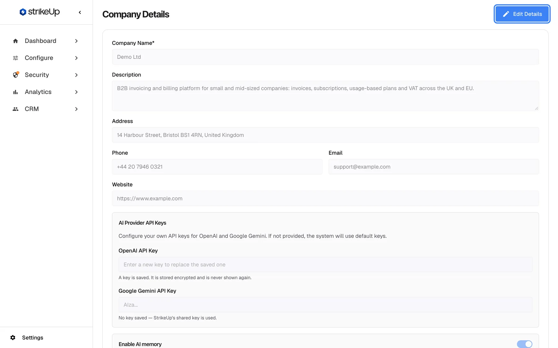 The Company Details page opened from Settings › Company, in read-only view. It shows Company Name* "Demo Ltd", a description of the B2B invoicing platform, the address in Bristol, phone +44 20 7946 0321, email support@example.com and website https://www.example.com, all greyed out. Below is the AI Provider API Keys box with "OpenAI API Key" (a key is saved) and "Google Gemini API Key" (no key saved). The "Edit Details" button at the top right is highlighted.