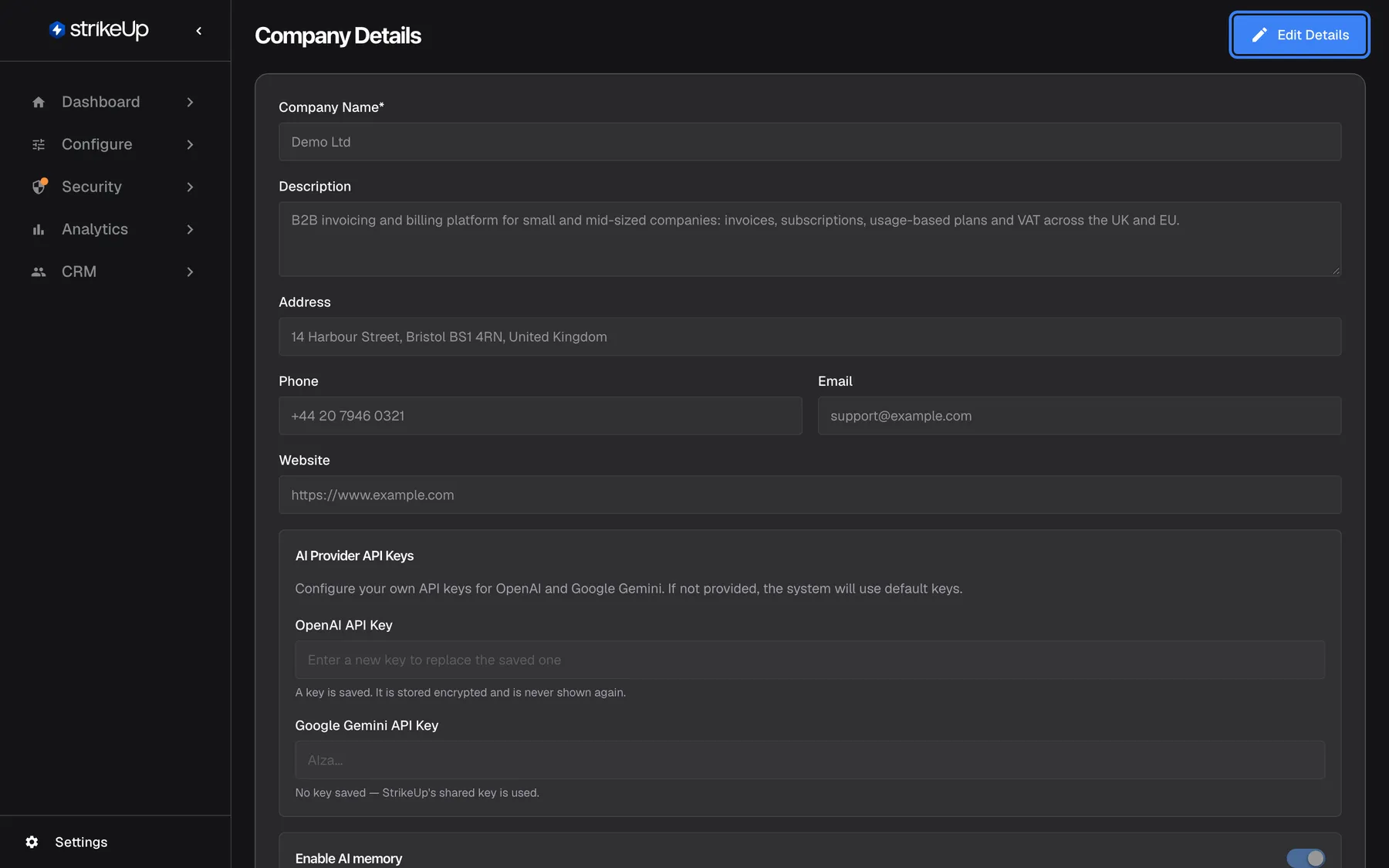The Company Details page opened from Settings › Company, in read-only view. It shows Company Name* "Demo Ltd", a description of the B2B invoicing platform, the address in Bristol, phone +44 20 7946 0321, email support@example.com and website https://www.example.com, all greyed out. Below is the AI Provider API Keys box with "OpenAI API Key" (a key is saved) and "Google Gemini API Key" (no key saved). The "Edit Details" button at the top right is highlighted.