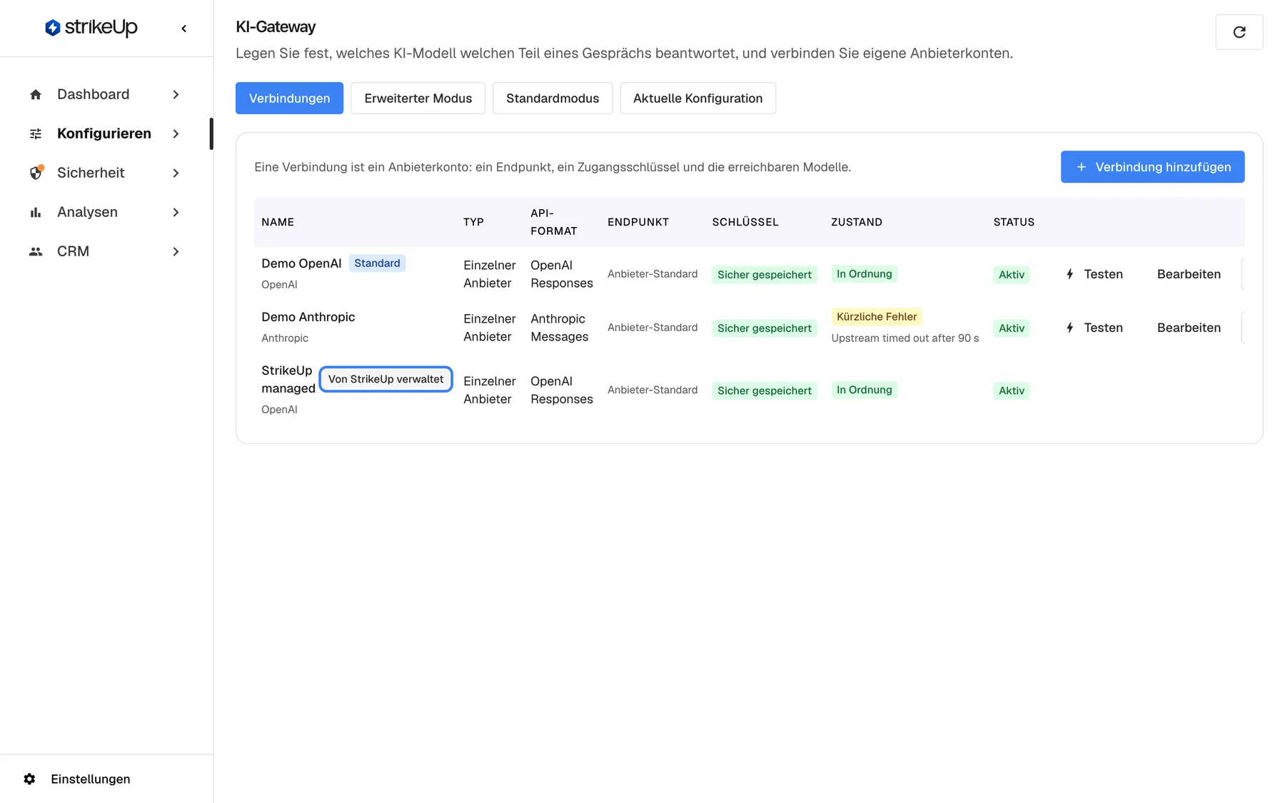 Die Seite KI-Gateway in StrikeUp auf dem Tab „Verbindungen“, wo Sie festlegen, über wessen Anbieterkonto die Aufrufe laufen. „Demo OpenAI“ (Standard) und „Demo Anthropic“ sind eigene Konten des Arbeitsbereichs mit Schlüsseln „Sicher gespeichert“; „StrikeUp managed“ trägt das hervorgehobene Abzeichen „Von StrikeUp verwaltet“, das im Tarif enthaltene Konto. Aufrufe über eigene Verbindungen berechnet der Anbieter Ihrem Konto; StrikeUp schätzt ihre Kosten trotzdem auf der Seite KI-Ausgaben.