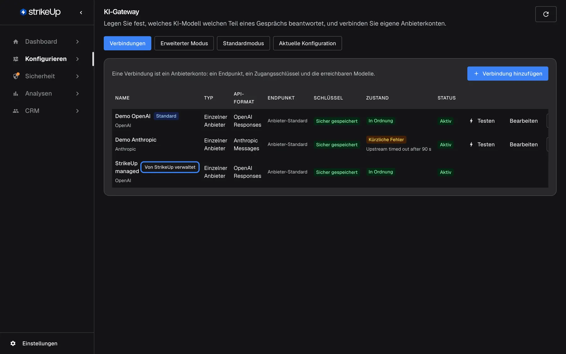 Die Seite KI-Gateway in StrikeUp auf dem Tab „Verbindungen“, wo Sie festlegen, über wessen Anbieterkonto die Aufrufe laufen. „Demo OpenAI“ (Standard) und „Demo Anthropic“ sind eigene Konten des Arbeitsbereichs mit Schlüsseln „Sicher gespeichert“; „StrikeUp managed“ trägt das hervorgehobene Abzeichen „Von StrikeUp verwaltet“, das im Tarif enthaltene Konto. Aufrufe über eigene Verbindungen berechnet der Anbieter Ihrem Konto; StrikeUp schätzt ihre Kosten trotzdem auf der Seite KI-Ausgaben.