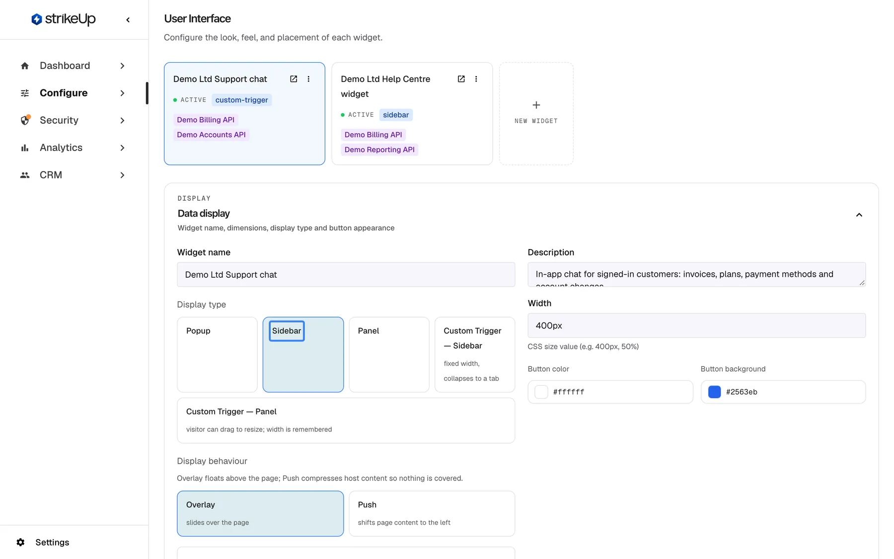 The Data display section of the User Interface page for the widget "Demo Ltd Support chat". Under Display type five options are offered: "Popup", the highlighted and selected "Sidebar", "Panel", "Custom Trigger — Sidebar" (fixed width, collapses to a tab) and "Custom Trigger — Panel" (visitor can drag to resize; width is remembered). Below, Display behaviour offers "Overlay" (slides over the page, selected) and "Push" (shifts page content to the left). On the right are Width "400px", Button color and Button background.