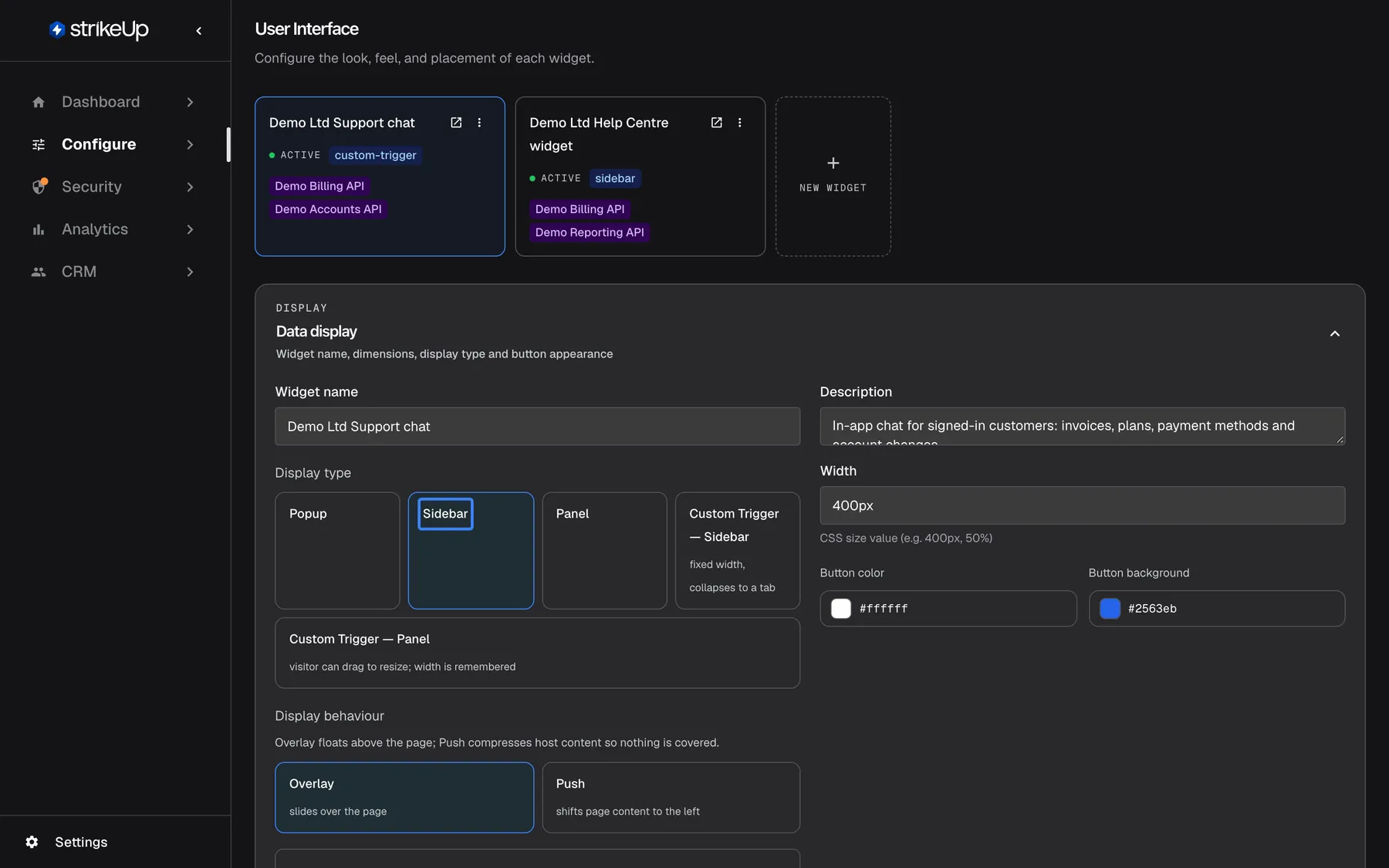 The Data display section of the User Interface page for the widget "Demo Ltd Support chat". Under Display type five options are offered: "Popup", the highlighted and selected "Sidebar", "Panel", "Custom Trigger — Sidebar" (fixed width, collapses to a tab) and "Custom Trigger — Panel" (visitor can drag to resize; width is remembered). Below, Display behaviour offers "Overlay" (slides over the page, selected) and "Push" (shifts page content to the left). On the right are Width "400px", Button color and Button background.