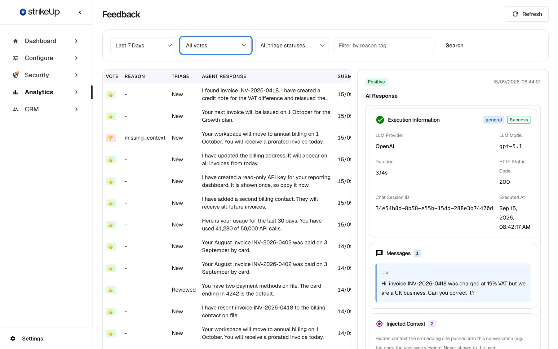 The Feedback page under Analytics. The filter bar holds "Last 7 Days", the highlighted vote filter set to "All votes", "All triage statuses", a "Filter by reason tag" box and "Search". The list shows thumbs-up and thumbs-down ratings with reason, triage status and the rated agent response, for example "I found invoice INV-2026-0418. I have created a credit note…" (thumbs up, New) and one thumbs down with reason missing_context. The first row is selected; the panel on the right shows a "Positive" badge and the related AI action under "AI Response".