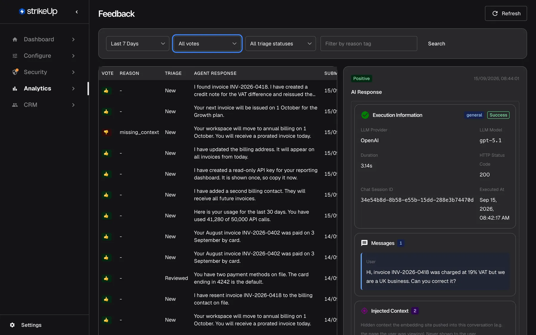 The Feedback page under Analytics. The filter bar holds "Last 7 Days", the highlighted vote filter set to "All votes", "All triage statuses", a "Filter by reason tag" box and "Search". The list shows thumbs-up and thumbs-down ratings with reason, triage status and the rated agent response, for example "I found invoice INV-2026-0418. I have created a credit note…" (thumbs up, New) and one thumbs down with reason missing_context. The first row is selected; the panel on the right shows a "Positive" badge and the related AI action under "AI Response".