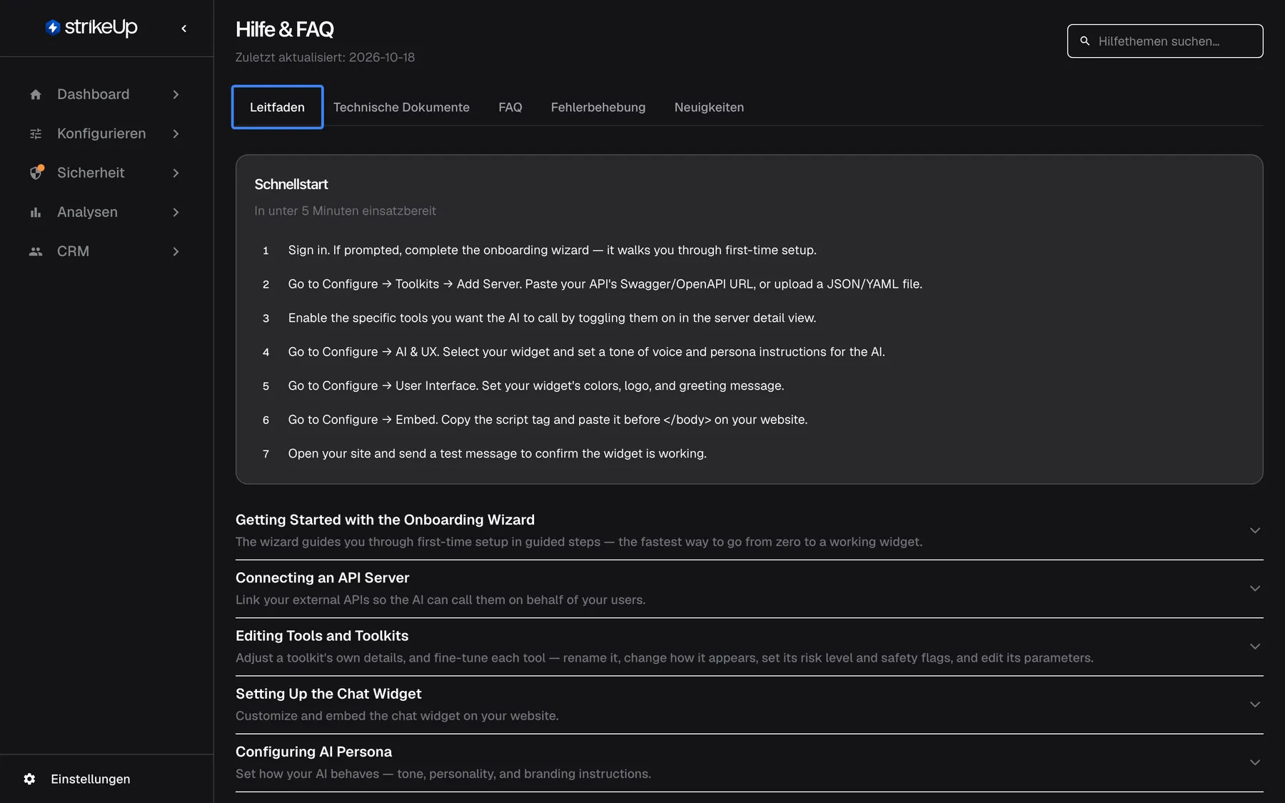Die Seite „Hilfe & FAQ“, geöffnet über Einstellungen › Resources, mit „Zuletzt aktualisiert: 2026-10-06“ unter dem Titel und dem Feld „Hilfethemen suchen…“ oben rechts. Die Registerkarten lauten Leitfaden, Technische Dokumente, FAQ, Fehlerbehebung und Neuigkeiten; die gewählte Registerkarte „Leitfaden“ ist hervorgehoben. Sie zeigt die Karte „Schnellstart“ mit sieben nummerierten Schritten und darunter aufklappbare Themen wie „Getting Started with the Onboarding Wizard“. Die Hilfeinhalte sind nur auf Englisch.