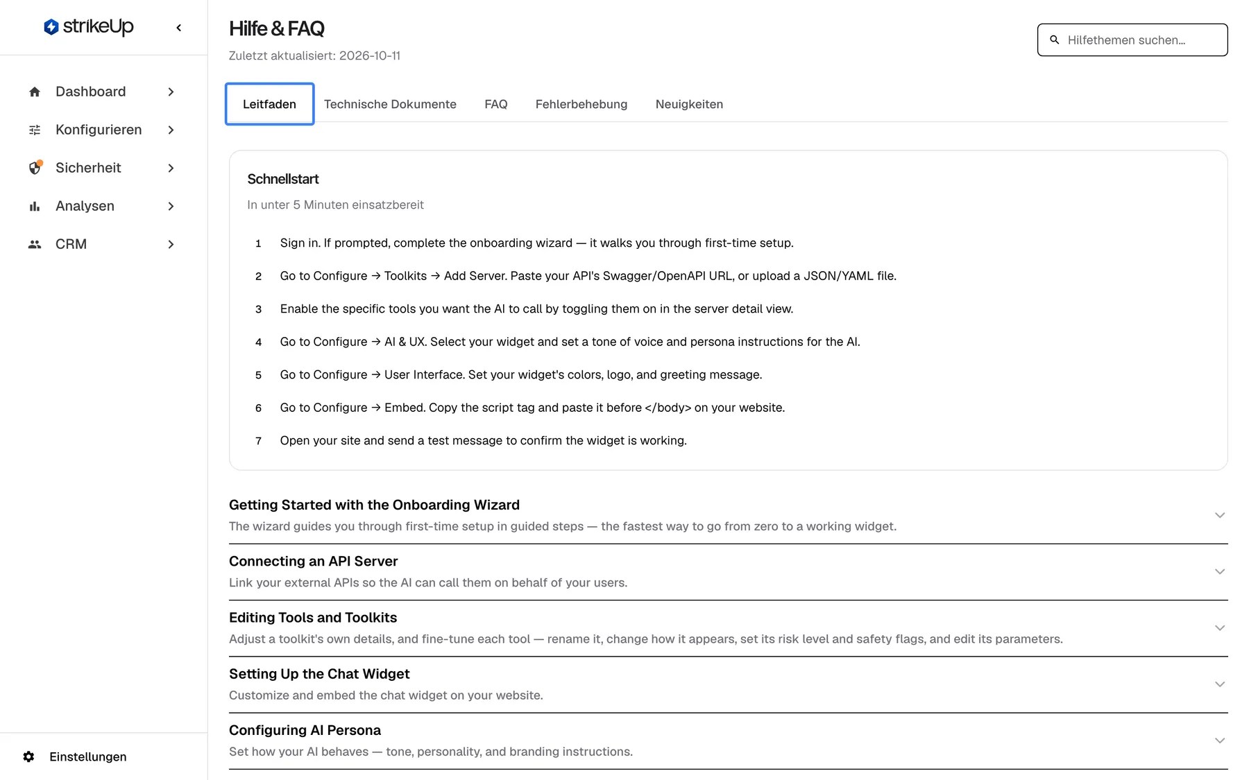 Die Seite „Hilfe & FAQ“, geöffnet über Einstellungen › Resources, mit „Zuletzt aktualisiert: 2026-10-06“ unter dem Titel und dem Feld „Hilfethemen suchen…“ oben rechts. Die Registerkarten lauten Leitfaden, Technische Dokumente, FAQ, Fehlerbehebung und Neuigkeiten; die gewählte Registerkarte „Leitfaden“ ist hervorgehoben. Sie zeigt die Karte „Schnellstart“ mit sieben nummerierten Schritten und darunter aufklappbare Themen wie „Getting Started with the Onboarding Wizard“. Die Hilfeinhalte sind nur auf Englisch.