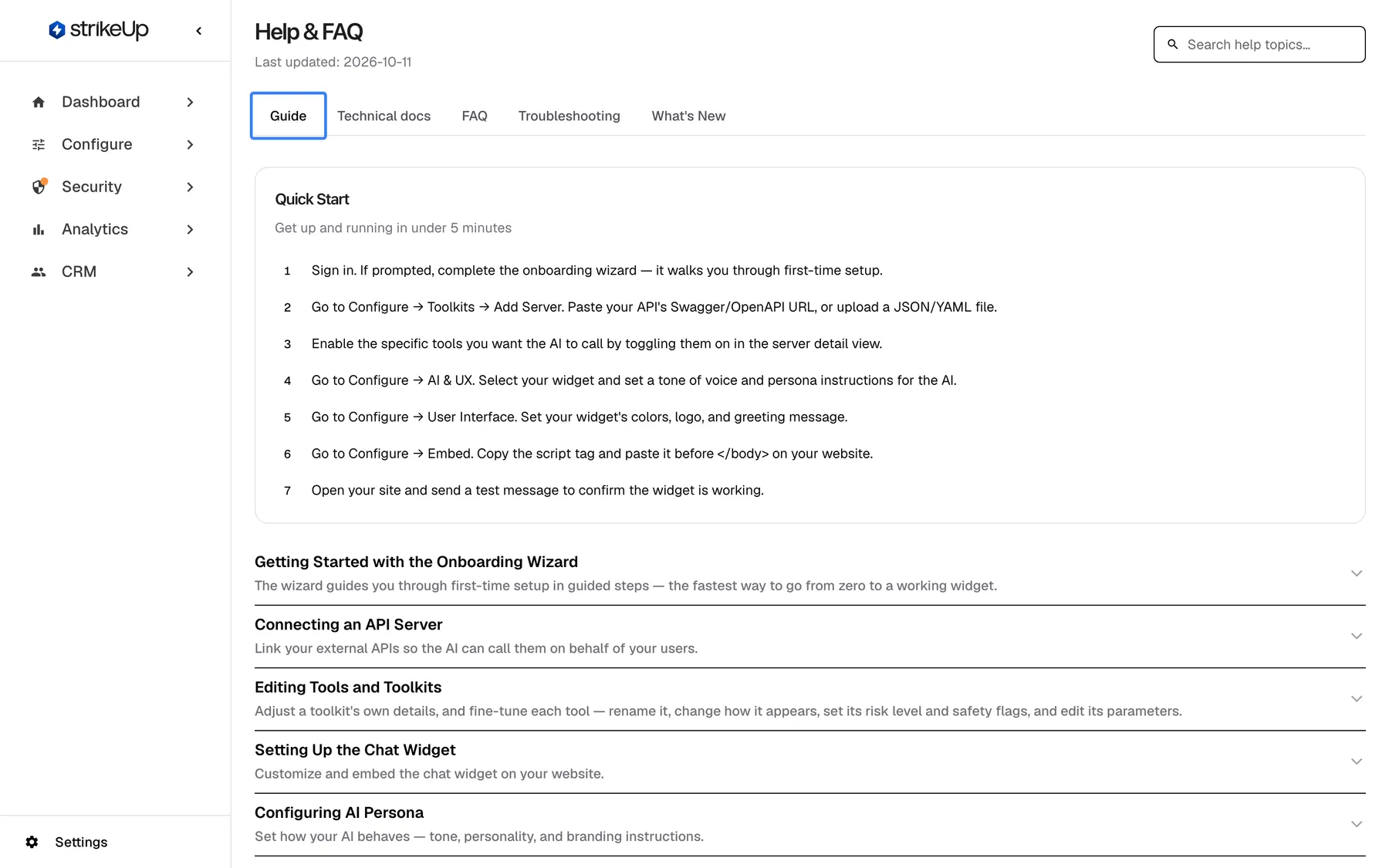 The Help & FAQ page, opened from Settings › Resources, with "Last updated: 2026-10-06" under the title and a "Search help topics…" box at the top right. The tabs are Guide, Technical docs, FAQ, Troubleshooting and What's New; the selected "Guide" tab is highlighted. It shows the Quick Start card "Get up and running in under 5 minutes" with seven numbered steps, followed by collapsible topics such as "Getting Started with the Onboarding Wizard" and "Connecting an API Server".