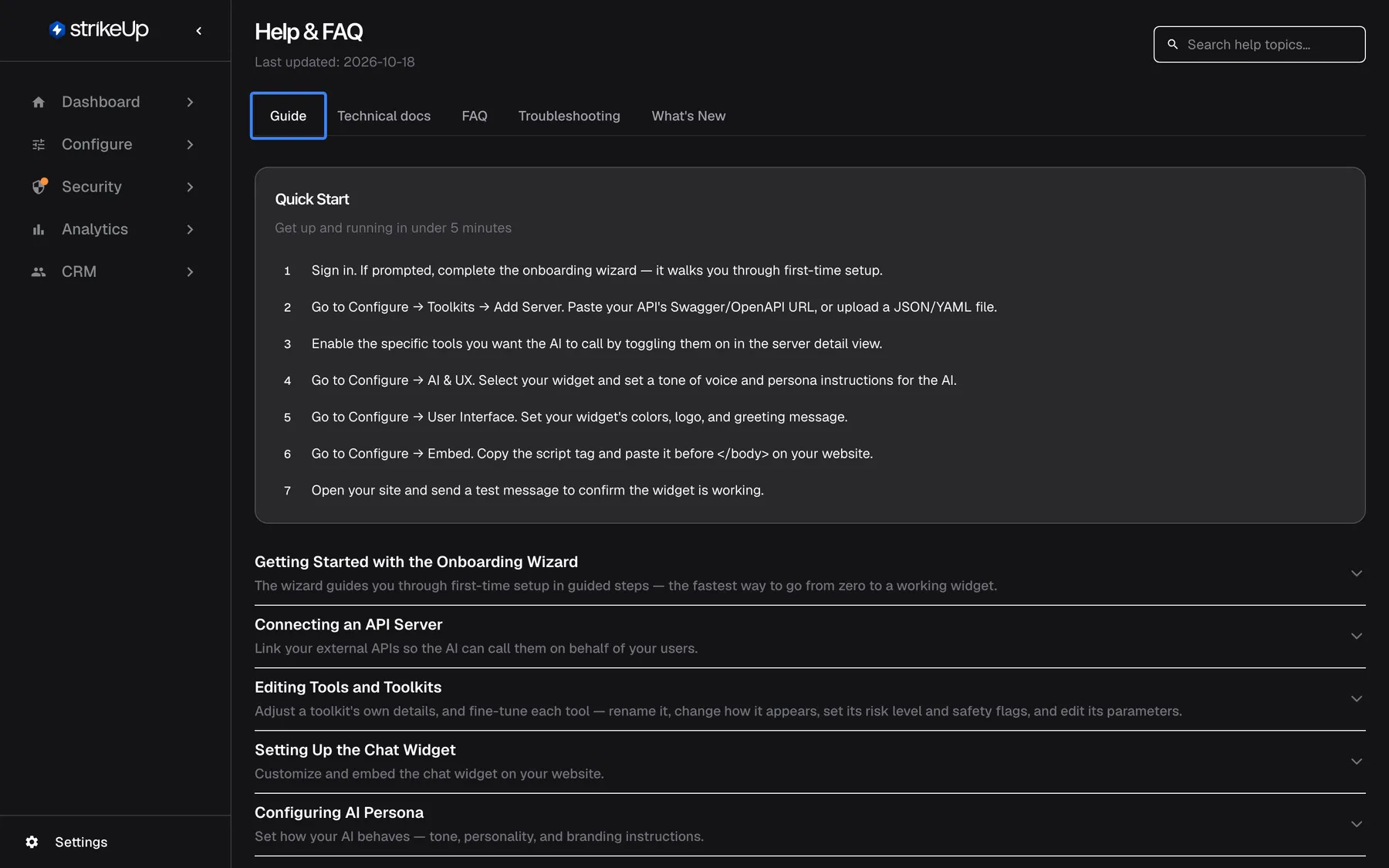 The Help & FAQ page, opened from Settings › Resources, with "Last updated: 2026-10-06" under the title and a "Search help topics…" box at the top right. The tabs are Guide, Technical docs, FAQ, Troubleshooting and What's New; the selected "Guide" tab is highlighted. It shows the Quick Start card "Get up and running in under 5 minutes" with seven numbered steps, followed by collapsible topics such as "Getting Started with the Onboarding Wizard" and "Connecting an API Server".