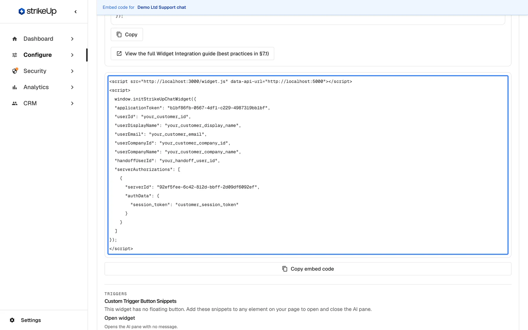 The embed code on the Embed page after "Demo Billing API" was switched on under Inject Authorization, the snippet as shown on the Embed screen. The highlighted code block loads widget.js with data-api-url and calls window.initStrikeUpChatWidget with "applicationToken", the your_… placeholders for the user fields and a new "serverAuthorizations" array: one entry with the toolkit's "serverId" and an "authData" object with example values to replace with this user's own credentials. Below are "Copy embed code" and the start of the Custom Trigger Button Snippets.