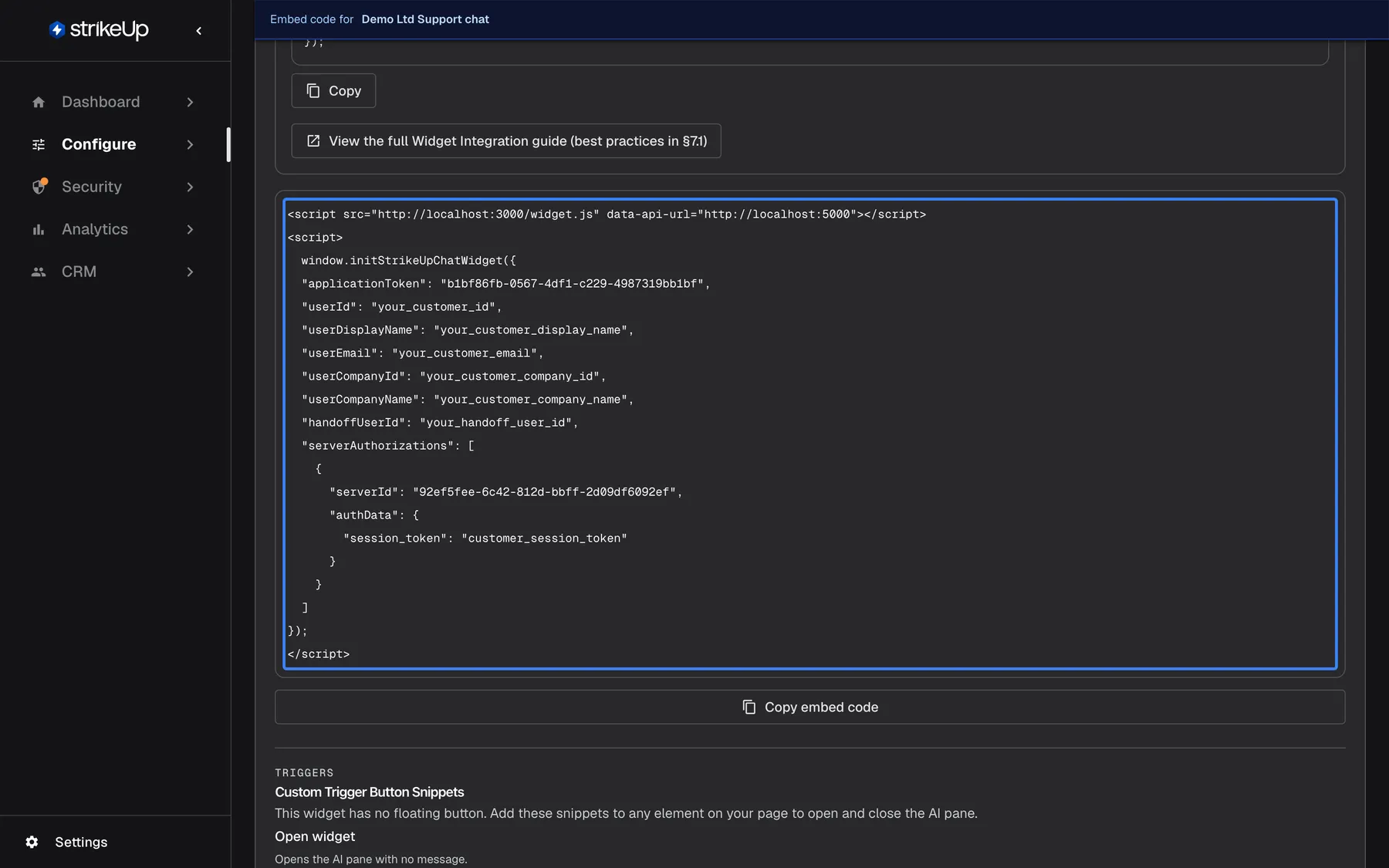 The embed code on the Embed page after "Demo Billing API" was switched on under Inject Authorization, the snippet as shown on the Embed screen. The highlighted code block loads widget.js with data-api-url and calls window.initStrikeUpChatWidget with "applicationToken", the your_… placeholders for the user fields and a new "serverAuthorizations" array: one entry with the toolkit's "serverId" and an "authData" object with example values to replace with this user's own credentials. Below are "Copy embed code" and the start of the Custom Trigger Button Snippets.