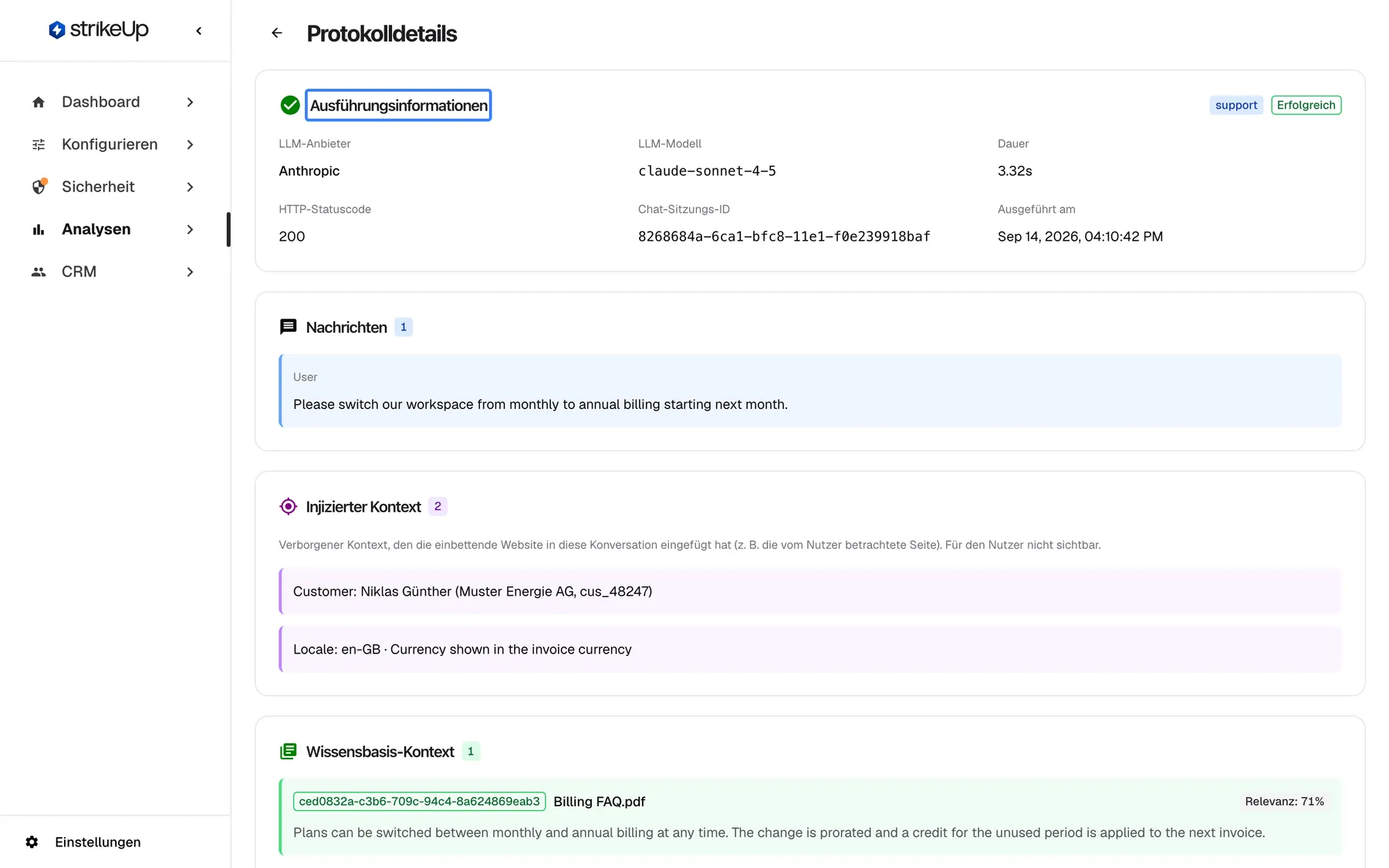 Die Seite „Protokolldetails“ einer KI-Aktion, geöffnet aus der Liste „KI-Aktionen“. Die hervorgehobene Karte „Ausführungsinformationen“ hat ein grünes Häkchen und Badges für die Agentenroute support und „Erfolgreich“. Sie nennt „LLM-Anbieter“ Anthropic, „LLM-Modell“ claude-sonnet-4-5, „Dauer“ 3.32s, „HTTP-Statuscode“ 200, die „Chat-Sitzungs-ID“ und „Ausgeführt am“ in englischem Format (Sep 14, 2026, 04:10:42 PM). Darunter zeigt „Nachrichten“ die englische Kundenanfrage „Please switch our workspace from monthly to annual billing starting next month.“