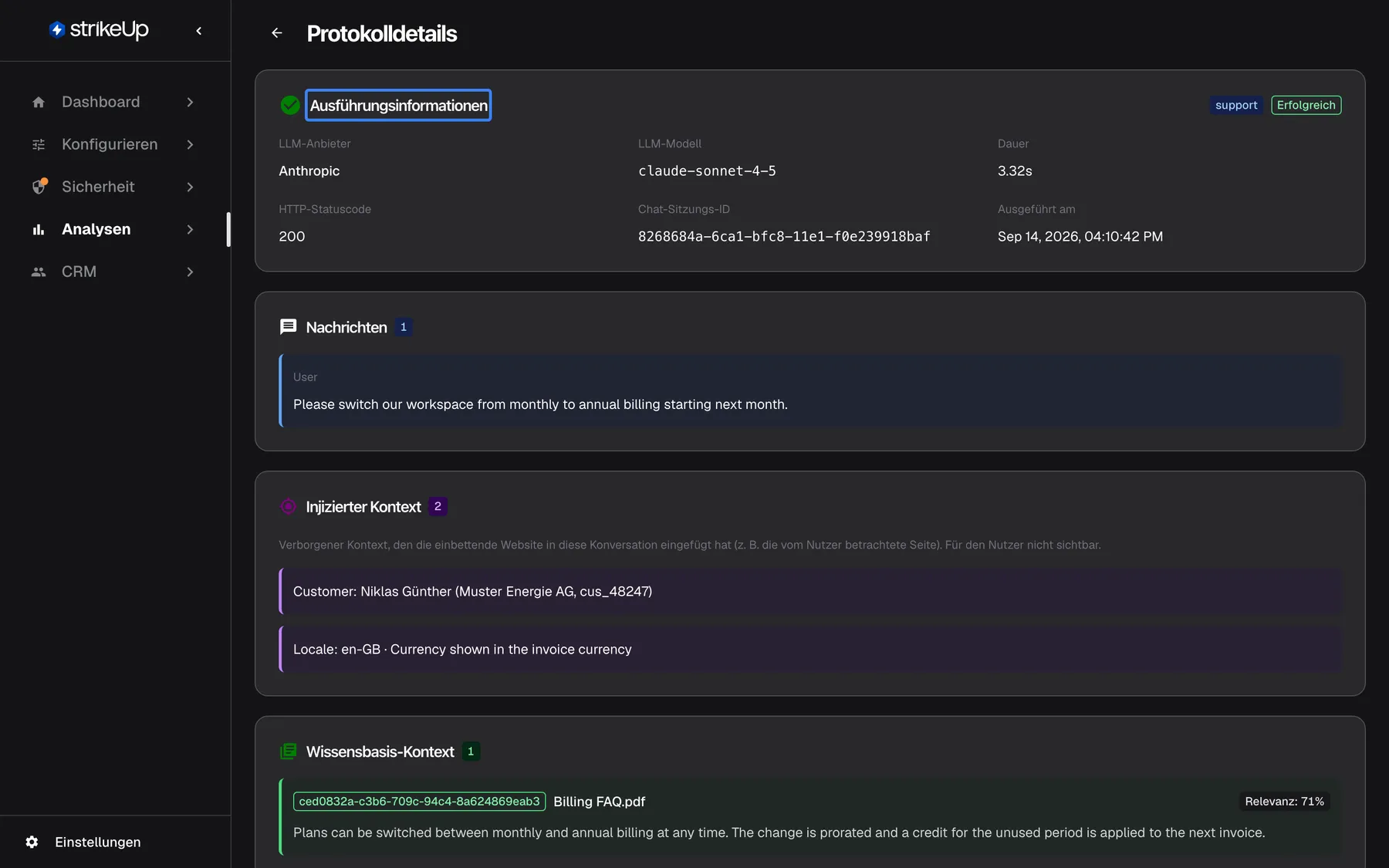 Die Seite „Protokolldetails“ einer KI-Aktion, geöffnet aus der Liste „KI-Aktionen“. Die hervorgehobene Karte „Ausführungsinformationen“ hat ein grünes Häkchen und Badges für die Agentenroute support und „Erfolgreich“. Sie nennt „LLM-Anbieter“ Anthropic, „LLM-Modell“ claude-sonnet-4-5, „Dauer“ 3.32s, „HTTP-Statuscode“ 200, die „Chat-Sitzungs-ID“ und „Ausgeführt am“ in englischem Format (Sep 14, 2026, 04:10:42 PM). Darunter zeigt „Nachrichten“ die englische Kundenanfrage „Please switch our workspace from monthly to annual billing starting next month.“
