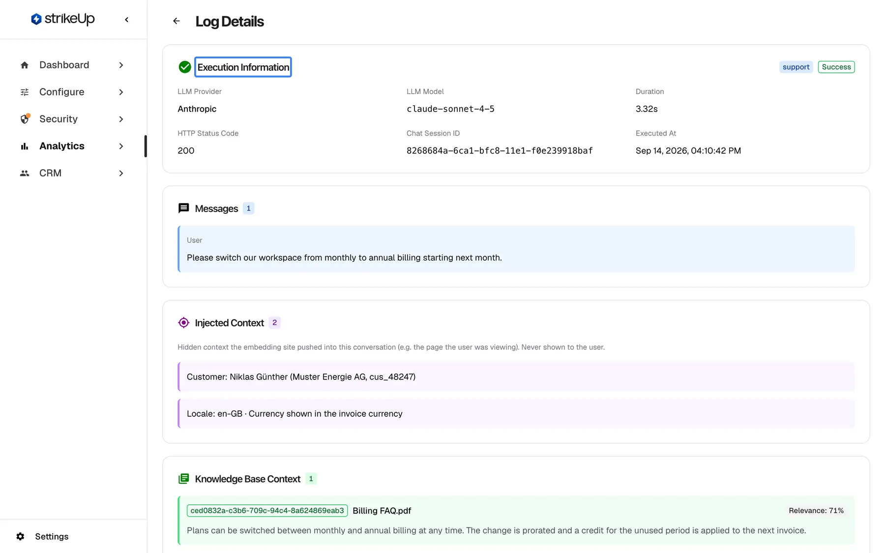 The "Log Details" page of one AI action, opened from the AI actions list. The highlighted "Execution Information" card has a green success check and badges for the agent route support and "Success". It lists "LLM Provider" Anthropic, "LLM Model" claude-sonnet-4-5, "Duration" 3.32s, "HTTP Status Code" 200, the "Chat Session ID" and "Executed At" Sep 14, 2026, 04:10:42 PM. Below, "Messages" shows the customer's request "Please switch our workspace from monthly to annual billing starting next month."