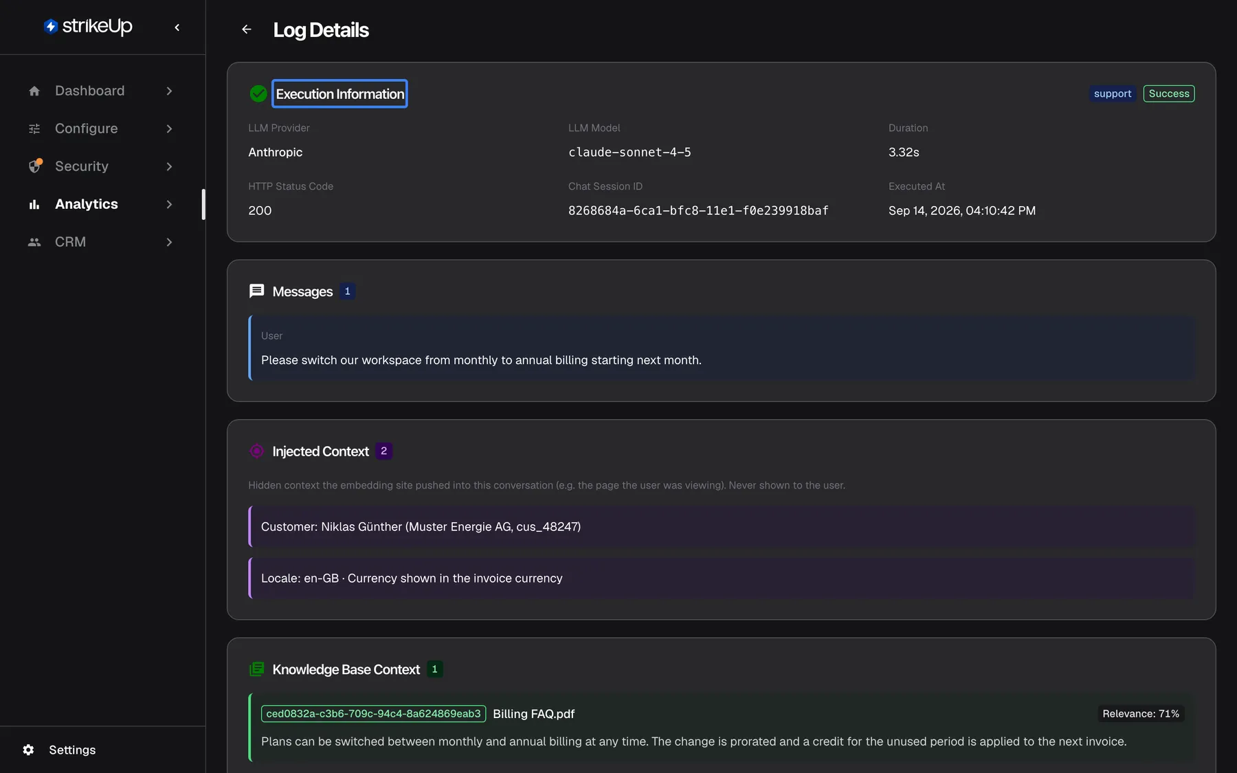 The "Log Details" page of one AI action, opened from the AI actions list. The highlighted "Execution Information" card has a green success check and badges for the agent route support and "Success". It lists "LLM Provider" Anthropic, "LLM Model" claude-sonnet-4-5, "Duration" 3.32s, "HTTP Status Code" 200, the "Chat Session ID" and "Executed At" Sep 14, 2026, 04:10:42 PM. Below, "Messages" shows the customer's request "Please switch our workspace from monthly to annual billing starting next month."