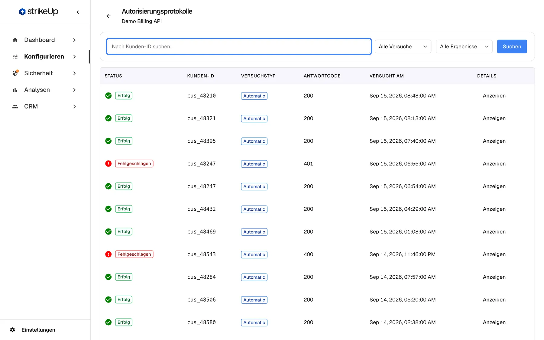 Die Seite Autorisierungsprotokolle für das Toolkit "Demo Billing API", mit einem Zurück-Pfeil neben der Überschrift. Die Filterleiste enthält das hervorgehobene Suchfeld "Nach Kunden-ID suchen...", die Auswahlfelder "Alle Versuche" und "Alle Ergebnisse" und die blaue Schaltfläche "Suchen". Die Tabelle hat die Spalten Status, Kunden-ID, Versuchstyp, Antwortcode, Versucht am und Details. Oben stehen cus_48210, cus_48321 und cus_48395 (Erfolg, 200), dann cus_48247 (Fehlgeschlagen, 401); jede Zeile endet mit "Anzeigen". Der Versuchstyp erscheint auch auf Deutsch als "Automatic", das Datum im englischen Format "Sep 15, 2026, 06:55:00 AM". Ein Teil der Kunden-ID und Enter oder "Suchen" grenzt die Liste ein.