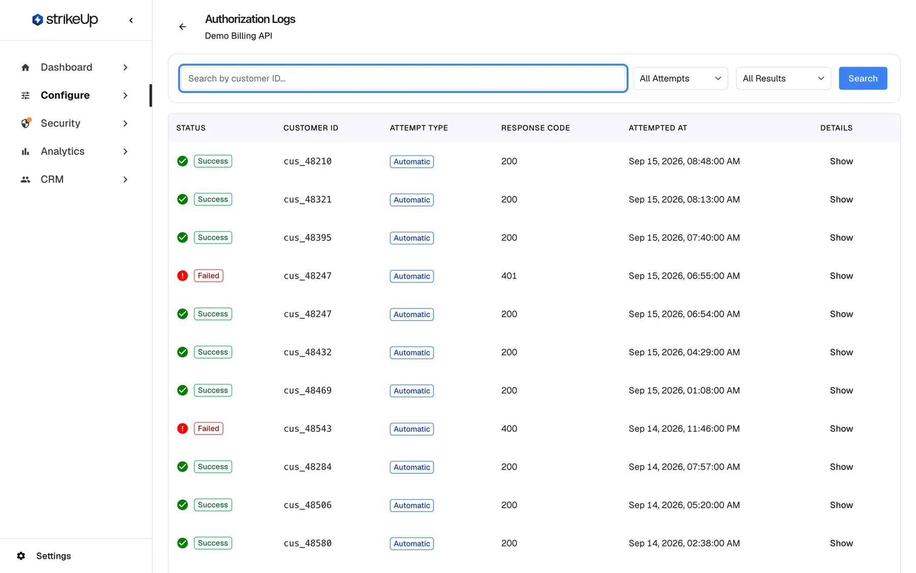 The Authorization Logs page for the toolkit "Demo Billing API", with a back arrow beside the heading. A filter bar holds the highlighted search box "Search by customer ID...", the selects "All Attempts" and "All Results", and a blue "Search" button. The table has the columns Status, Customer ID, Attempt Type, Response Code, Attempted At and Details. The newest rows are cus_48210, cus_48321 and cus_48395 (Success, Automatic, 200), then cus_48247 (Failed, Automatic, 401, Sep 15, 2026, 06:55:00 AM); each row ends with "Show". Typing part of a customer ID and pressing Enter or Search narrows the list.