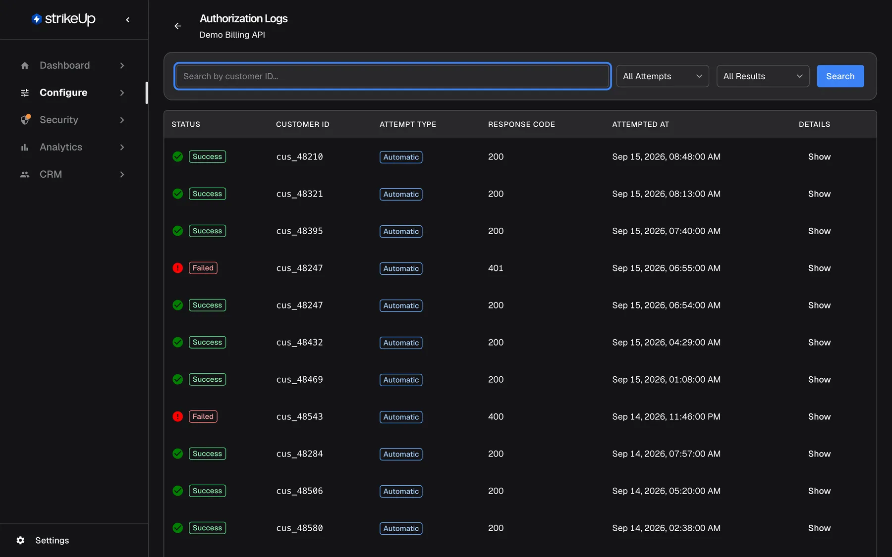 The Authorization Logs page for the toolkit "Demo Billing API", with a back arrow beside the heading. A filter bar holds the highlighted search box "Search by customer ID...", the selects "All Attempts" and "All Results", and a blue "Search" button. The table has the columns Status, Customer ID, Attempt Type, Response Code, Attempted At and Details. The newest rows are cus_48210, cus_48321 and cus_48395 (Success, Automatic, 200), then cus_48247 (Failed, Automatic, 401, Sep 15, 2026, 06:55:00 AM); each row ends with "Show". Typing part of a customer ID and pressing Enter or Search narrows the list.