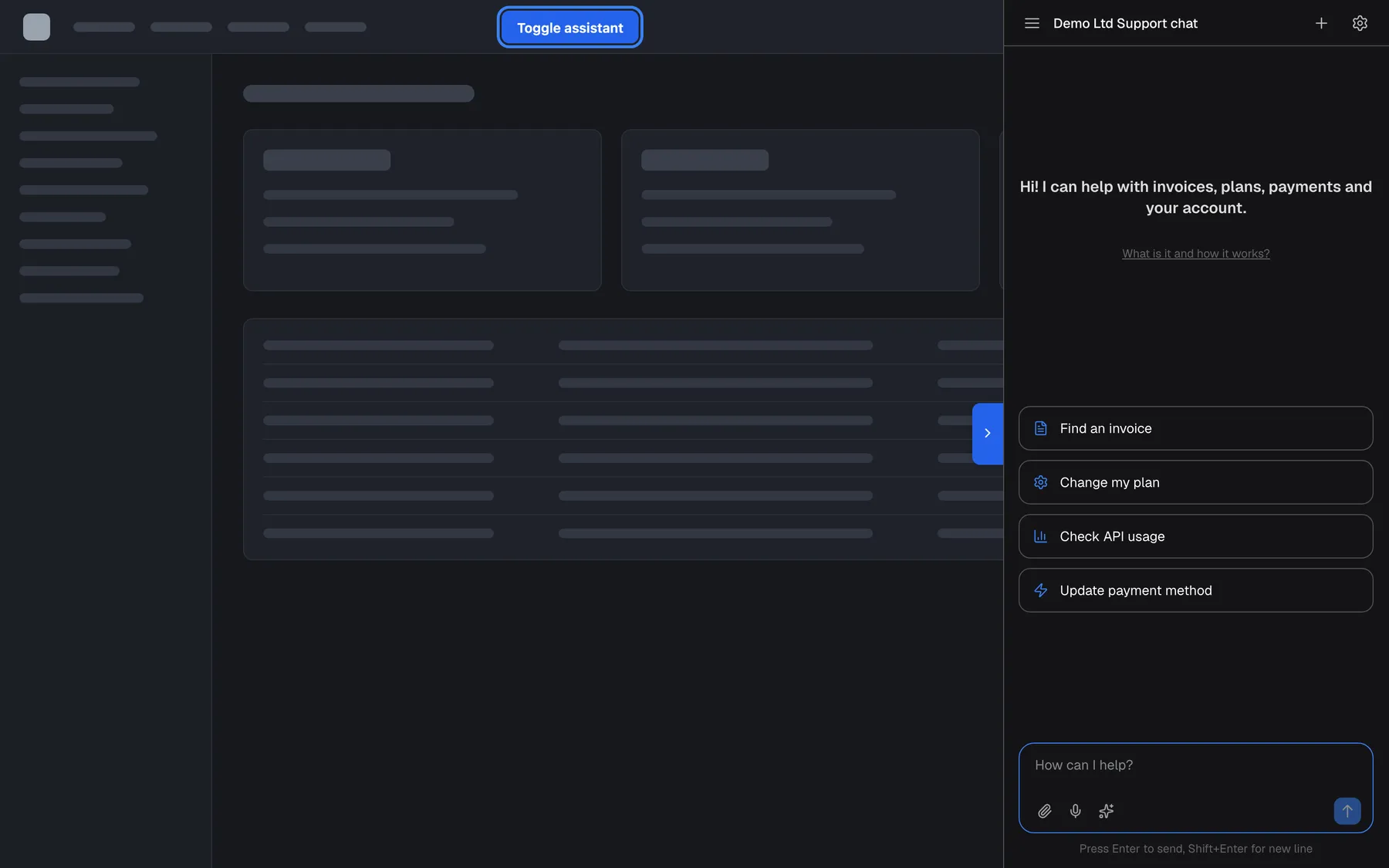 A neutral example web app whose own header holds the highlighted blue button "Toggle assistant". Its click handler checks window.StrikeUpChat.isOpen() and calls open() or close(). It has just opened the widget, set to Custom Trigger — Panel, as a full-height pane on the right titled "Demo Ltd Support chat", with the welcome text, the shortcut cards "Find an invoice", "Change my plan", "Check API usage" and "Update payment method" and the message box. A collapse tab sits on the pane's left edge.