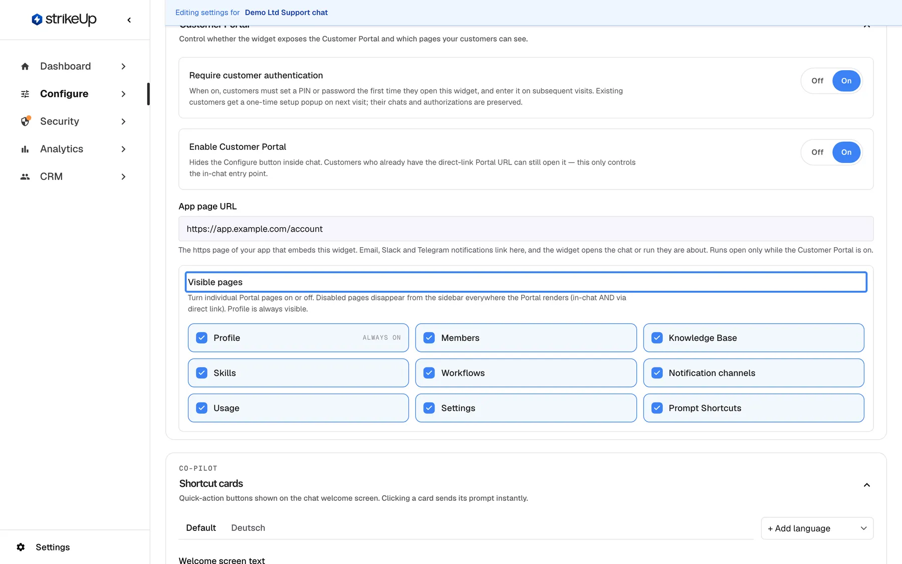 The Customer Portal section of the User Interface page for the widget "Demo Ltd Support chat": "Require customer authentication" On, "Enable Customer Portal" On ("Hides the Configure button inside chat. Customers who already have the direct-link Portal URL can still open it"), and "App page URL" "https://app.example.com/account". Under the highlighted "Visible pages" ("Turn individual Portal pages on or off. Disabled pages disappear from the sidebar everywhere the Portal renders (in-chat AND via direct link). Profile is always visible.") all pages are ticked: Profile (always on), Members, Knowledge Base, Skills, Workflows, Notification channels, Usage, Settings and Prompt Shortcuts.