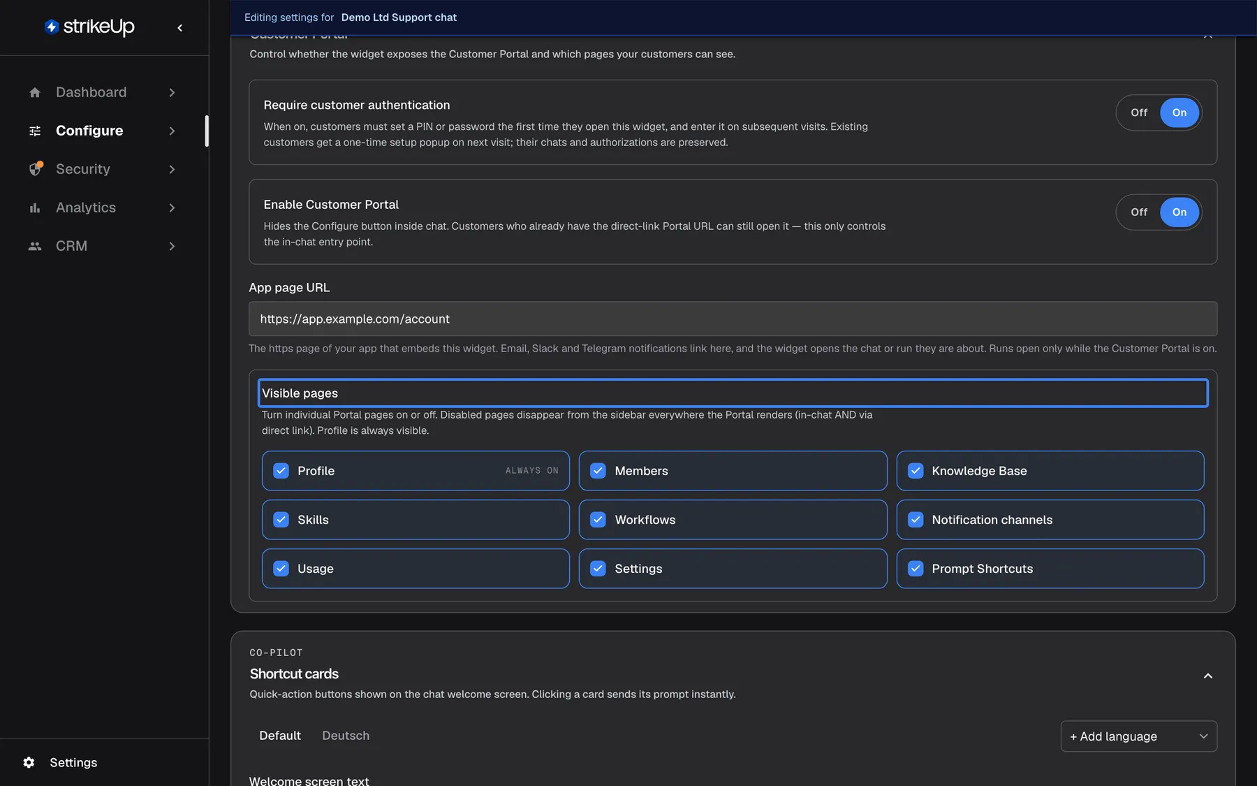 The Customer Portal section of the User Interface page for the widget "Demo Ltd Support chat": "Require customer authentication" On, "Enable Customer Portal" On ("Hides the Configure button inside chat. Customers who already have the direct-link Portal URL can still open it"), and "App page URL" "https://app.example.com/account". Under the highlighted "Visible pages" ("Turn individual Portal pages on or off. Disabled pages disappear from the sidebar everywhere the Portal renders (in-chat AND via direct link). Profile is always visible.") all pages are ticked: Profile (always on), Members, Knowledge Base, Skills, Workflows, Notification channels, Usage, Settings and Prompt Shortcuts.