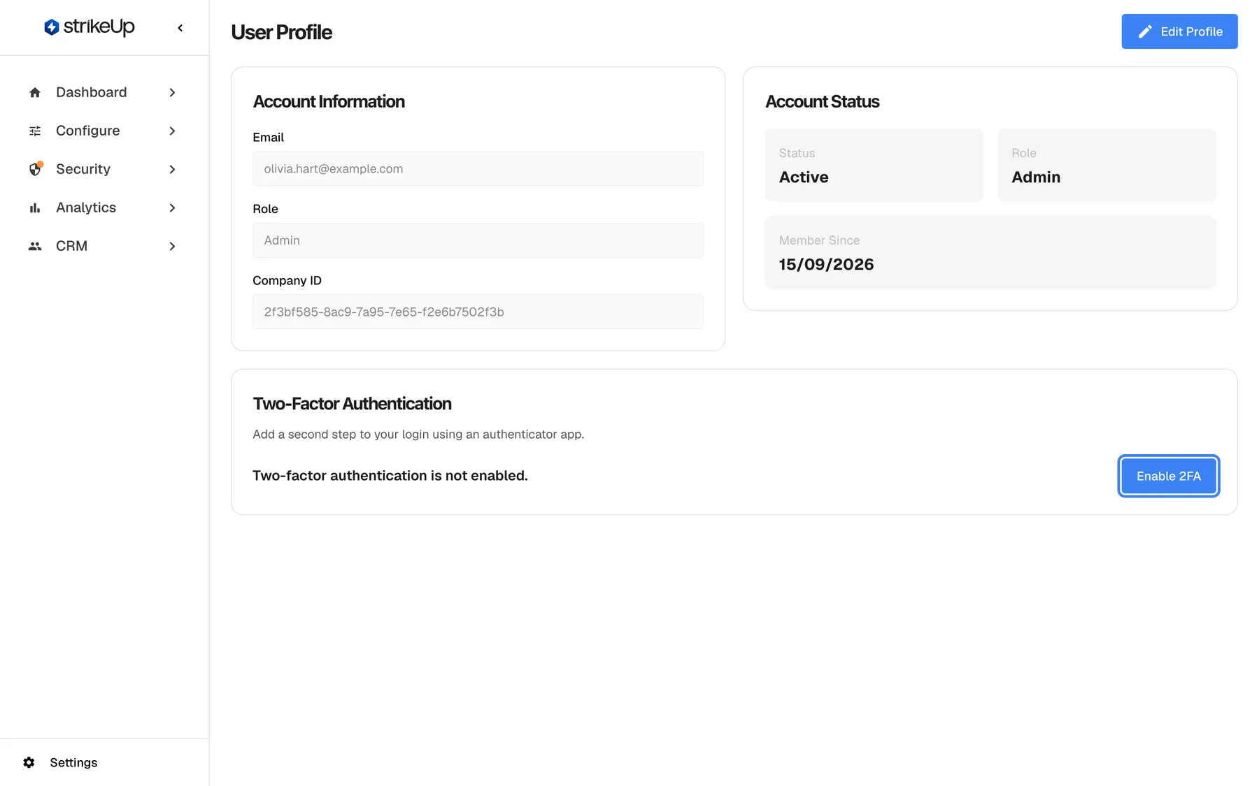 The "User Profile" page of Olivia Hart (olivia.hart@example.com, role Admin). Under the "Account Information" and "Account Status" cards, the "Two-Factor Authentication" card reads "Add a second step to your login using an authenticator app." and the status "Two-factor authentication is not enabled.". At the right end of the card, the blue "Enable 2FA" button is highlighted; selecting it opens the setup dialog with a QR code for your authenticator app. The company does not require two-factor authentication in this example.