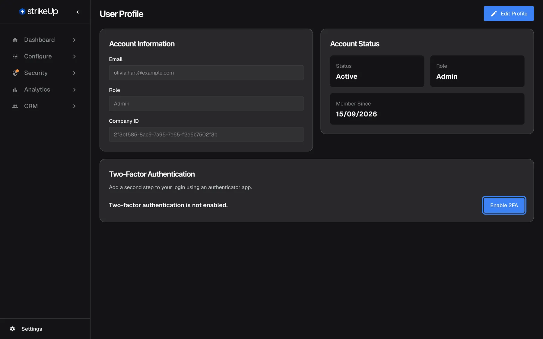 The "User Profile" page of Olivia Hart (olivia.hart@example.com, role Admin). Under the "Account Information" and "Account Status" cards, the "Two-Factor Authentication" card reads "Add a second step to your login using an authenticator app." and the status "Two-factor authentication is not enabled.". At the right end of the card, the blue "Enable 2FA" button is highlighted; selecting it opens the setup dialog with a QR code for your authenticator app. The company does not require two-factor authentication in this example.