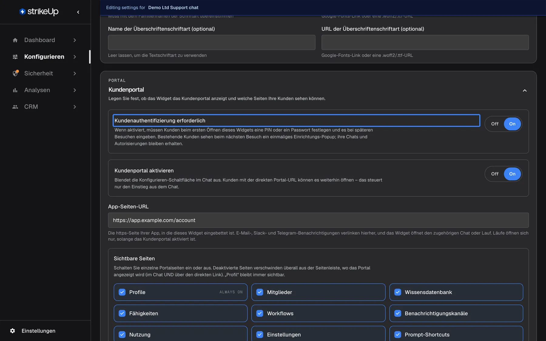 Der Abschnitt Kundenportal der Seite User Interface für das Widget "Demo Ltd Support chat". Oben ist die hervorgehobene Einstellung "Kundenauthentifizierung erforderlich" auf On; der Hilfetext lautet "Wenn aktiviert, müssen Kunden beim ersten Öffnen dieses Widgets eine PIN oder ein Passwort festlegen und es bei späteren Besuchen eingeben. Bestehende Kunden sehen beim nächsten Besuch ein einmaliges Einrichtungs-Popup; ihre Chats und Autorisierungen bleiben erhalten." Darunter folgen "Kundenportal aktivieren" (On) und die Kontrollkästchen der sichtbaren Seiten. Wirksam wird die Änderung mit "Save User Interface Settings".