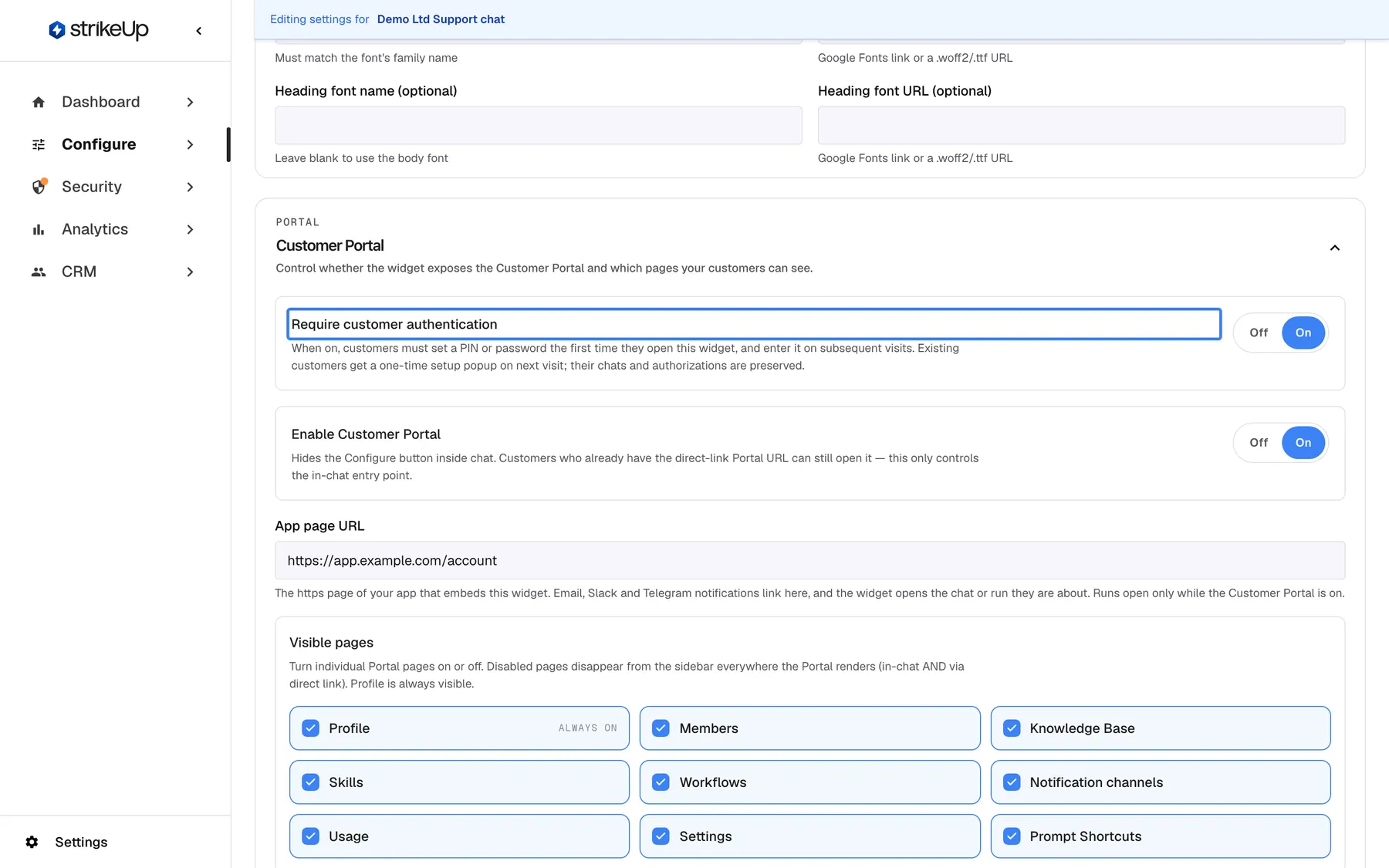 The Customer Portal section of the User Interface page for the widget "Demo Ltd Support chat". At the top the highlighted setting "Require customer authentication" is On; its help reads "When on, customers must set a PIN or password the first time they open this widget, and enter it on subsequent visits. Existing customers get a one-time setup popup on next visit; their chats and authorizations are preserved." Below are "Enable Customer Portal" (On) and the Visible pages checkboxes. The change takes effect after "Save User Interface Settings".