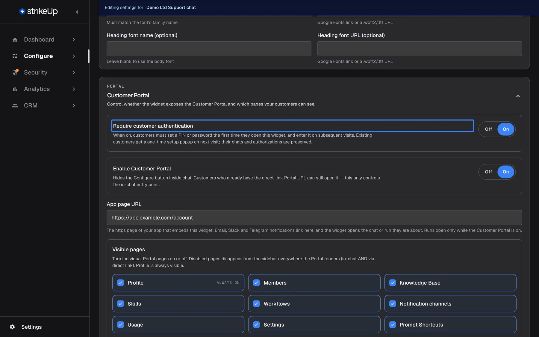 The Customer Portal section of the User Interface page for the widget "Demo Ltd Support chat". At the top the highlighted setting "Require customer authentication" is On; its help reads "When on, customers must set a PIN or password the first time they open this widget, and enter it on subsequent visits. Existing customers get a one-time setup popup on next visit; their chats and authorizations are preserved." Below are "Enable Customer Portal" (On) and the Visible pages checkboxes. The change takes effect after "Save User Interface Settings".