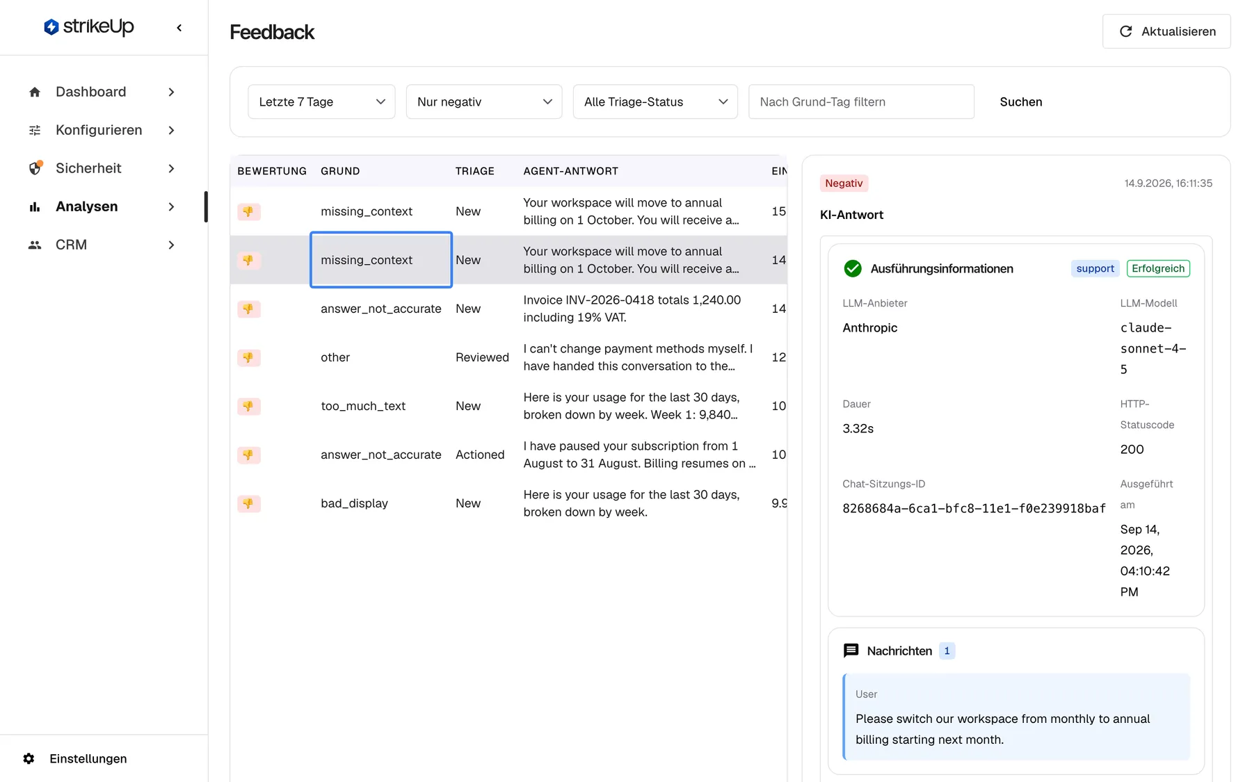 Schritt 1 auf der Seite „Feedback“, gefiltert auf „Nur negativ“. Die ausgewählte zweite Zeile mit dem hervorgehobenen Grund missing_context ist ein Daumen runter zur englischen Antwort „Your workspace will move to annual billing on 1 October …“ vom 14. September. Das Detailfeld rechts zeigt das Badge „Negativ“ und unter „KI-Antwort“ die KI-Aktion hinter der Antwort: Anthropic, claude-sonnet-4-5, 3.32s, HTTP 200 und die „Chat-Sitzungs-ID“ 8268684a-6ca1-bfc8-11e1-f0e239918baf, die das Gespräch kennzeichnet.