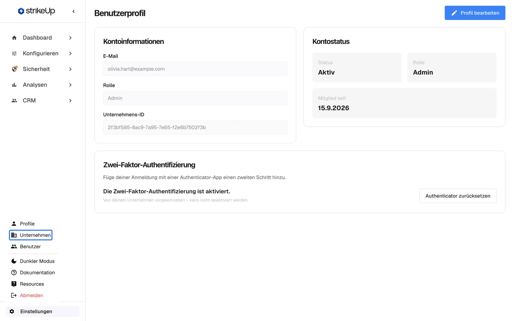 Das Menü „Einstellungen“, geöffnet über das Zahnrad unten in der Seitenleiste, über der Seite „Benutzerprofil“. Es listet Profile, Unternehmen und Benutzer, dann Dunkler Modus, Dokumentation, Resources und ein rotes Abmelden; einige Einträge sind auch auf Deutsch englisch. Der Eintrag „Unternehmen“ ist hervorgehoben; er öffnet die Unternehmensdetails mit dem Schalter, der AI-Memory für den ganzen Arbeitsbereich einschaltet.