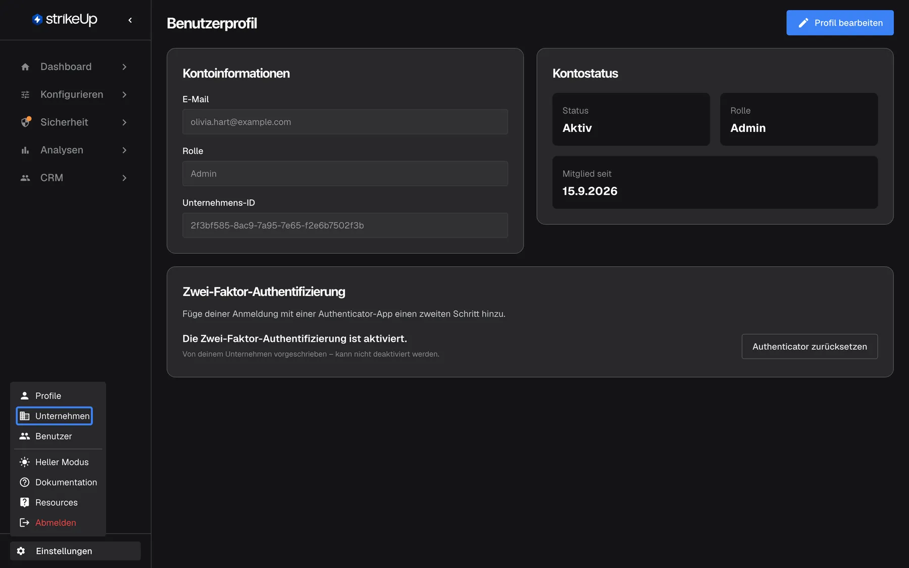 Das Menü „Einstellungen“, geöffnet über das Zahnrad unten in der Seitenleiste, über der Seite „Benutzerprofil“. Es listet Profile, Unternehmen und Benutzer, dann Dunkler Modus, Dokumentation, Resources und ein rotes Abmelden; einige Einträge sind auch auf Deutsch englisch. Der Eintrag „Unternehmen“ ist hervorgehoben; er öffnet die Unternehmensdetails mit dem Schalter, der AI-Memory für den ganzen Arbeitsbereich einschaltet.