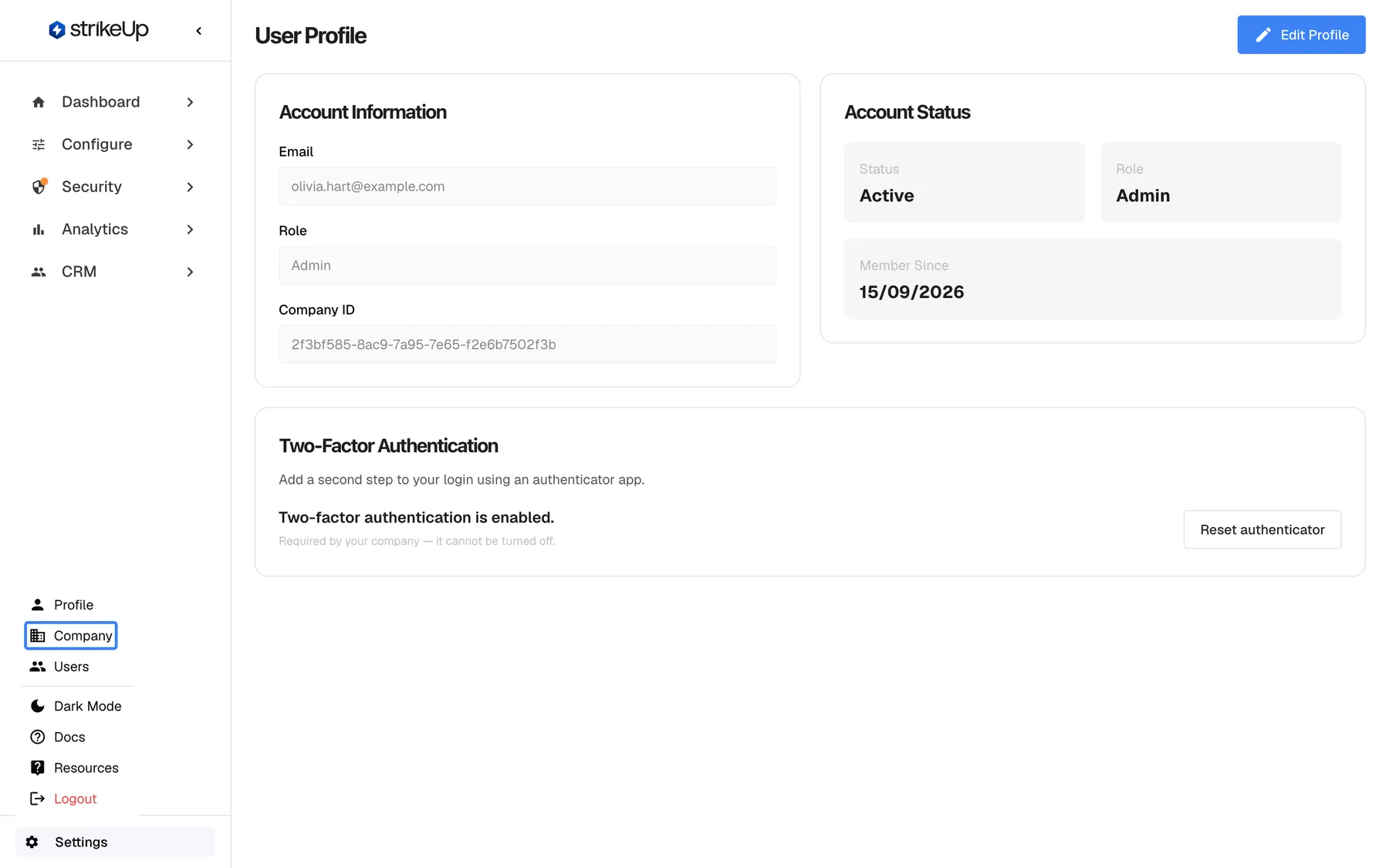 The Settings menu opened from the gear at the bottom of the sidebar, shown over the User Profile page. It lists Profile, Company and Users, then Dark Mode, Docs, Resources and a red Logout. The menu item "Company" is highlighted; it opens the Company Details page, where the switch that turns AI memory on for the whole workspace lives.
