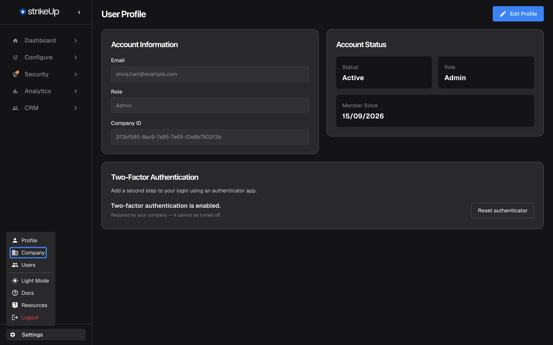 The Settings menu opened from the gear at the bottom of the sidebar, shown over the User Profile page. It lists Profile, Company and Users, then Dark Mode, Docs, Resources and a red Logout. The menu item "Company" is highlighted; it opens the Company Details page, where the switch that turns AI memory on for the whole workspace lives.