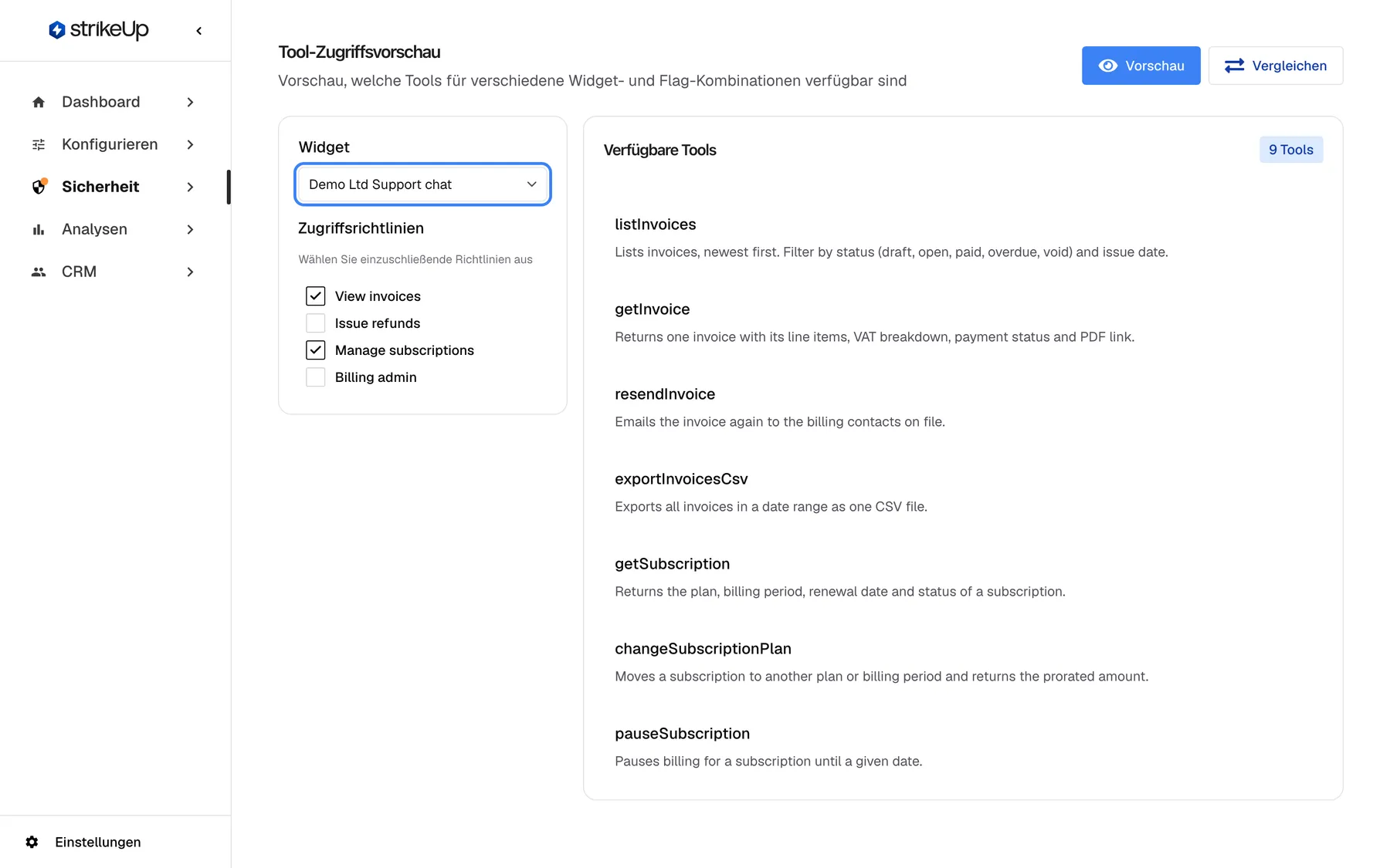 Die Seite „Tool-Zugriffsvorschau“ im Modus Vorschau (oben rechts ist „Vorschau“ gewählt, daneben „Vergleichen“). Links zeigt die hervorgehobene Auswahl „Widget“ Demo Ltd Support chat; unter „Zugriffsrichtlinien“ sind View invoices und Manage subscriptions angehakt, Issue refunds und Billing admin nicht. Rechts trägt „Verfügbare Tools“ das Badge „9 Tools“, die Vereinigung der Tools beider Richtlinien auf den Toolkits dieses Widgets. Die Liste zeigt jedes Tool mit seiner englischen Beschreibung aus der API, von listInvoices bis pauseSubscription, und lässt sich für den Rest scrollen.