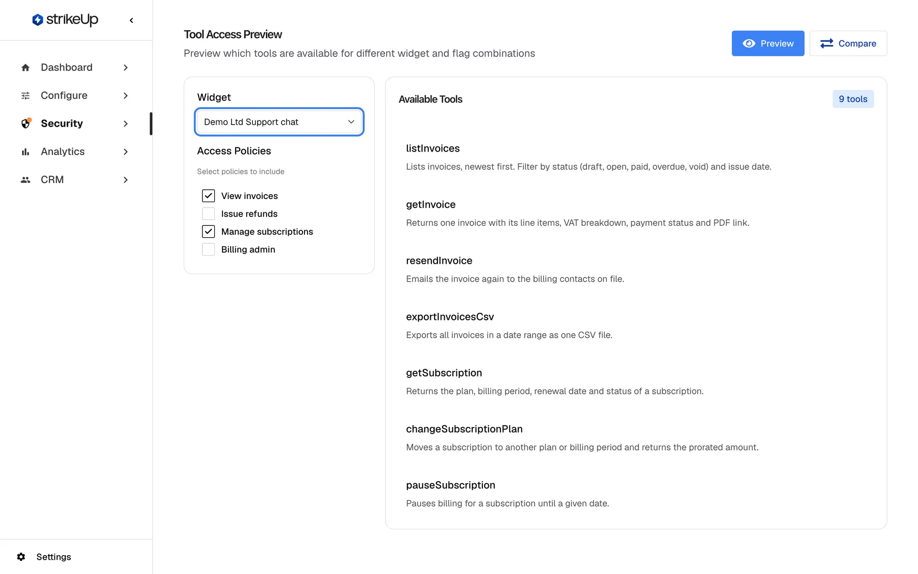 The "Tool Access Preview" page in Preview mode (the "Preview" button at the top right is selected, "Compare" beside it). On the left, the highlighted "Widget" select shows Demo Ltd Support chat and under "Access Policies" the boxes View invoices and Manage subscriptions are ticked, while Issue refunds and Billing admin are not. On the right, "Available Tools" carries the badge "9 tools", the union of both policies' tools on this widget's toolkits; the list shows each tool with its description, from listInvoices, getInvoice, resendInvoice and exportInvoicesCsv to getSubscription, changeSubscriptionPlan and pauseSubscription, and scrolls for the rest.