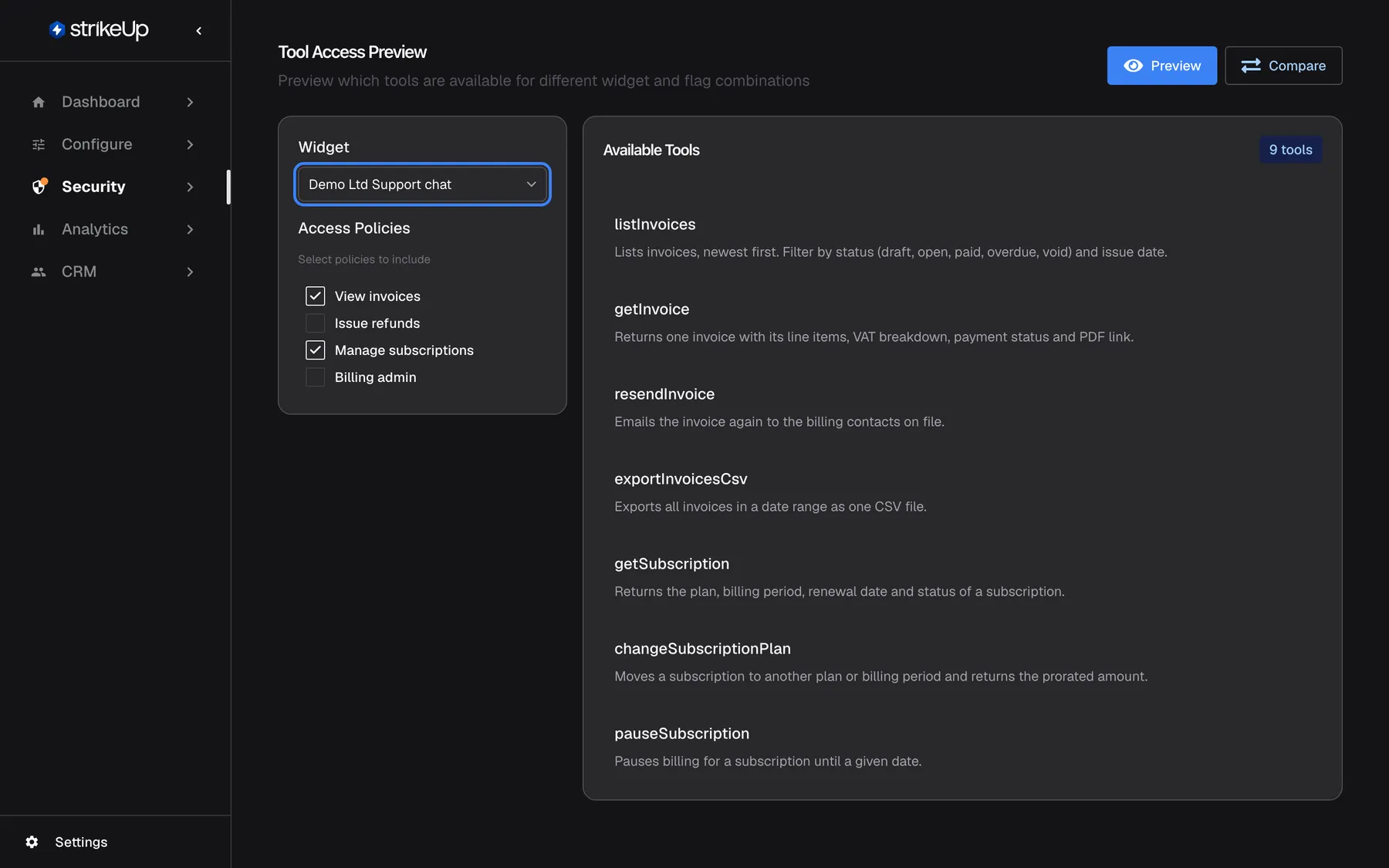 The "Tool Access Preview" page in Preview mode (the "Preview" button at the top right is selected, "Compare" beside it). On the left, the highlighted "Widget" select shows Demo Ltd Support chat and under "Access Policies" the boxes View invoices and Manage subscriptions are ticked, while Issue refunds and Billing admin are not. On the right, "Available Tools" carries the badge "9 tools", the union of both policies' tools on this widget's toolkits; the list shows each tool with its description, from listInvoices, getInvoice, resendInvoice and exportInvoicesCsv to getSubscription, changeSubscriptionPlan and pauseSubscription, and scrolls for the rest.
