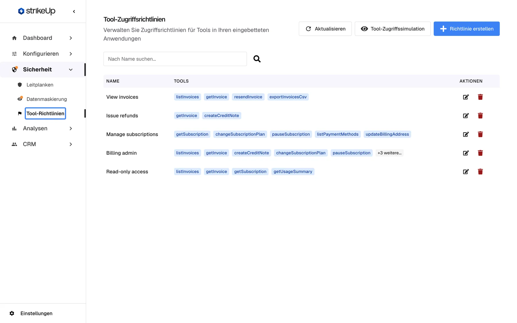 StrikeUp mit aufgeklapptem Bereich „Sicherheit“ in der linken Seitenleiste, der „Leitplanken“, „Datenmaskierung“ und den hervorgehobenen Eintrag „Tool-Richtlinien“ enthält; er öffnet die rechts gezeigte Seite „Tool-Zugriffsrichtlinien“. Sie listet fünf Richtlinien, View invoices, Issue refunds, Manage subscriptions, Billing admin und Read-only access, jeweils mit den freigegebenen Tools als blaue Badges, und bietet oben rechts „Aktualisieren“, „Tool-Zugriffssimulation“ und „Richtlinie erstellen“.