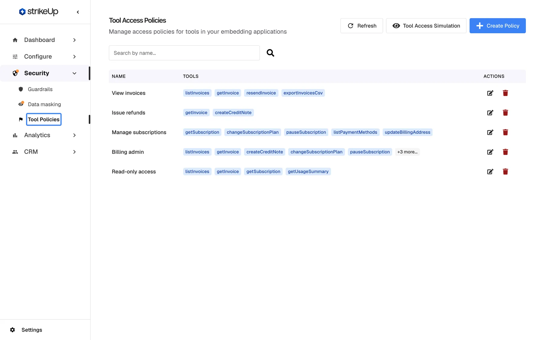 StrikeUp with the "Security" section of the left sidebar expanded, listing "Guardrails", "Data masking" and the highlighted "Tool Policies" entry, which opens the Tool Access Policies page shown on the right. That page lists five policies, View invoices, Issue refunds, Manage subscriptions, Billing admin and Read-only access, each with the tools it grants as blue badges, and offers "Refresh", "Tool Access Simulation" and "Create Policy" at the top right.