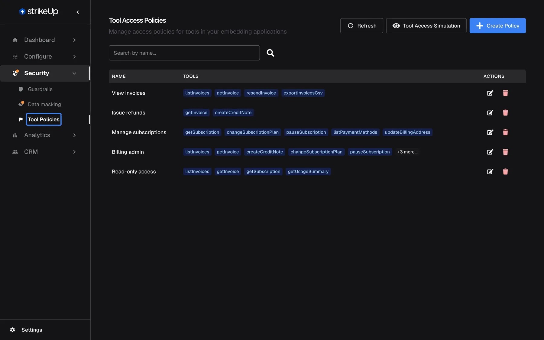 StrikeUp with the "Security" section of the left sidebar expanded, listing "Guardrails", "Data masking" and the highlighted "Tool Policies" entry, which opens the Tool Access Policies page shown on the right. That page lists five policies, View invoices, Issue refunds, Manage subscriptions, Billing admin and Read-only access, each with the tools it grants as blue badges, and offers "Refresh", "Tool Access Simulation" and "Create Policy" at the top right.
