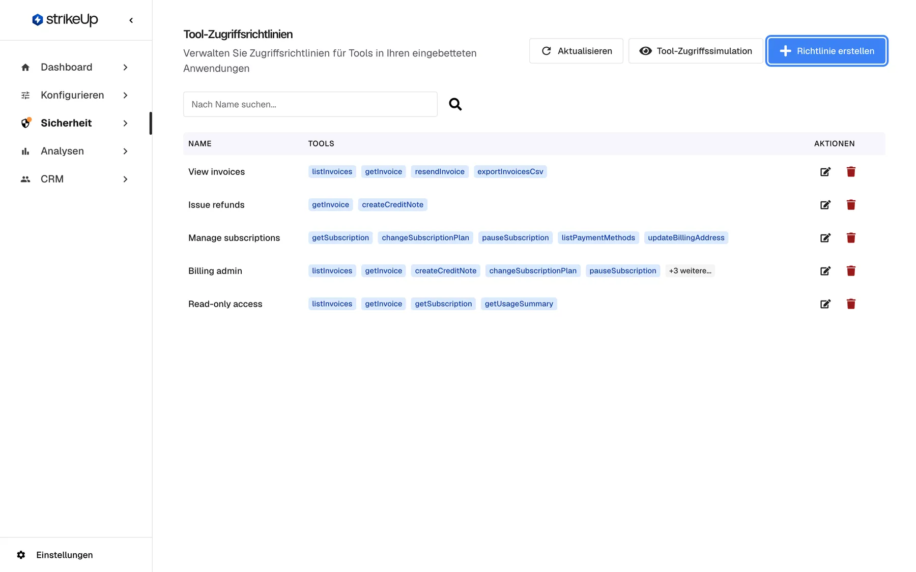 Die Seite „Tool-Zugriffsrichtlinien“ in StrikeUp mit dem Untertitel „Verwalten Sie Zugriffsrichtlinien für Tools in Ihren eingebetteten Anwendungen“. Oben rechts stehen „Aktualisieren“, „Tool-Zugriffssimulation“ und die hervorgehobene blaue Schaltfläche „Richtlinie erstellen“, die das Formular für eine neue Richtlinie öffnet. Unter dem Feld „Nach Name suchen...“ listet die Tabelle fünf Richtlinien mit ihren Tools als blaue Badges: „View invoices“, „Issue refunds“, „Manage subscriptions“, „Billing admin“ (fünf Tools und „+3 weitere...“) und „Read-only access“, jeweils mit Symbolen zum Bearbeiten und Löschen.