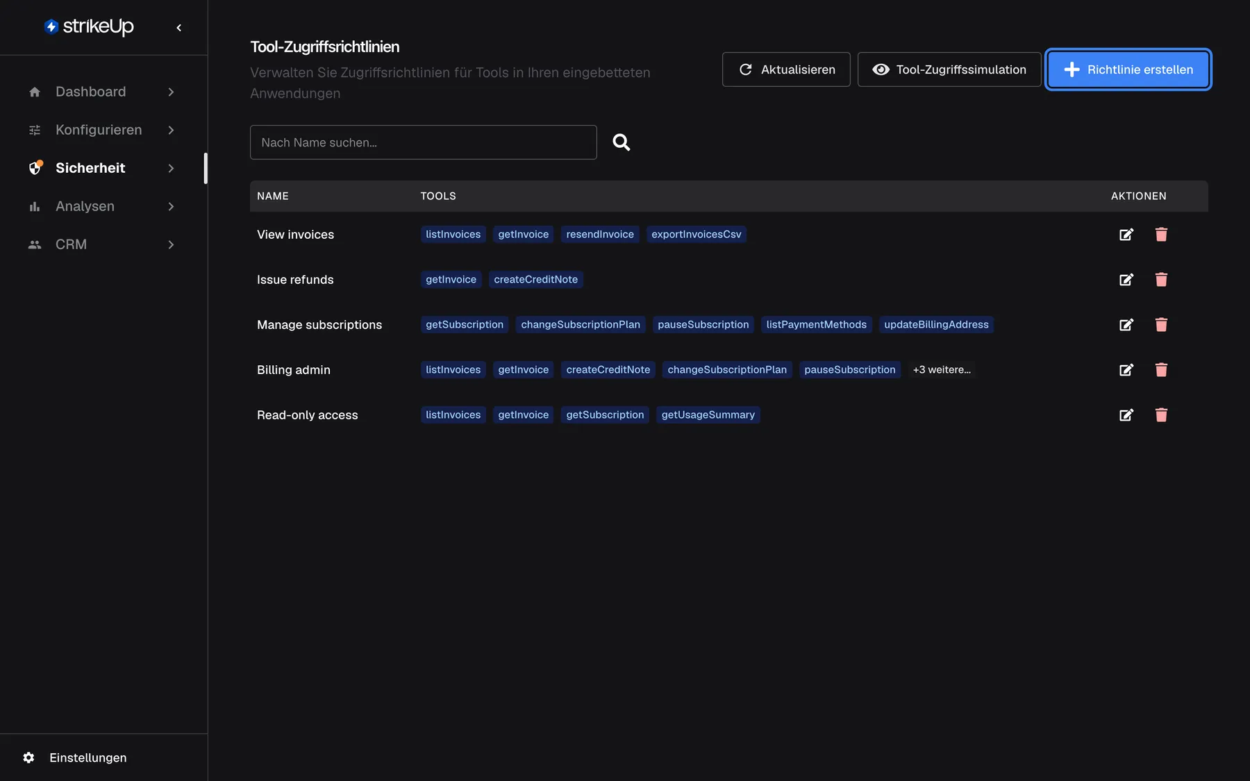Die Seite „Tool-Zugriffsrichtlinien“ in StrikeUp mit dem Untertitel „Verwalten Sie Zugriffsrichtlinien für Tools in Ihren eingebetteten Anwendungen“. Oben rechts stehen „Aktualisieren“, „Tool-Zugriffssimulation“ und die hervorgehobene blaue Schaltfläche „Richtlinie erstellen“, die das Formular für eine neue Richtlinie öffnet. Unter dem Feld „Nach Name suchen...“ listet die Tabelle fünf Richtlinien mit ihren Tools als blaue Badges: „View invoices“, „Issue refunds“, „Manage subscriptions“, „Billing admin“ (fünf Tools und „+3 weitere...“) und „Read-only access“, jeweils mit Symbolen zum Bearbeiten und Löschen.