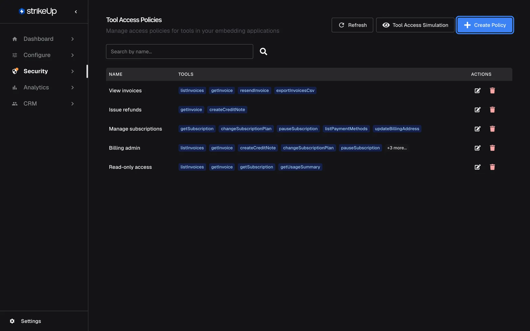 Step 8, the "Tool Access Policies" page, "Manage access policies for tools in your embedding applications". A table lists five policies with their tools: "View invoices" (listInvoices, getInvoice, resendInvoice, exportInvoicesCsv), "Issue refunds", "Manage subscriptions", "Billing admin" and "Read-only access", each with edit and delete icons. In the top right are "Refresh", "Tool Access Simulation" and the highlighted blue "Create Policy" button, which starts a new policy: a named key that groups a set of tools.