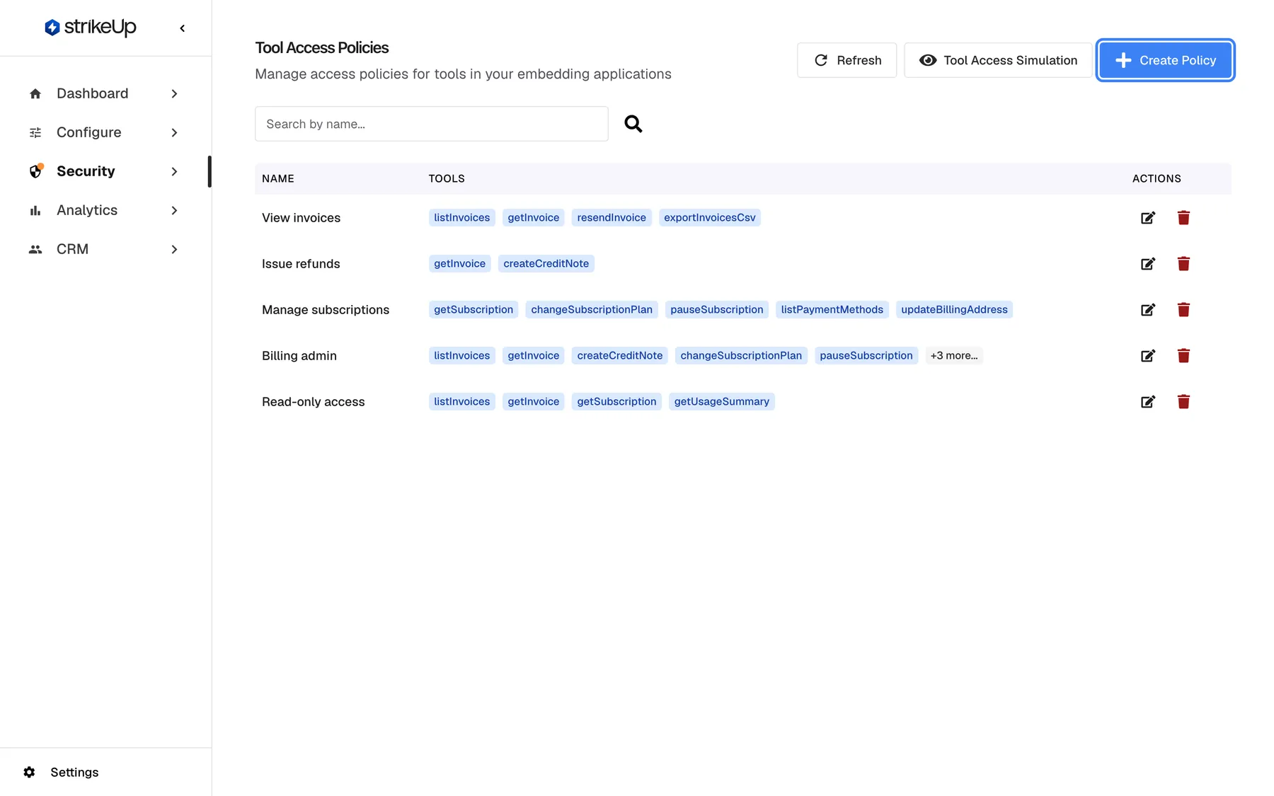 Step 8, the "Tool Access Policies" page, "Manage access policies for tools in your embedding applications". A table lists five policies with their tools: "View invoices" (listInvoices, getInvoice, resendInvoice, exportInvoicesCsv), "Issue refunds", "Manage subscriptions", "Billing admin" and "Read-only access", each with edit and delete icons. In the top right are "Refresh", "Tool Access Simulation" and the highlighted blue "Create Policy" button, which starts a new policy: a named key that groups a set of tools.