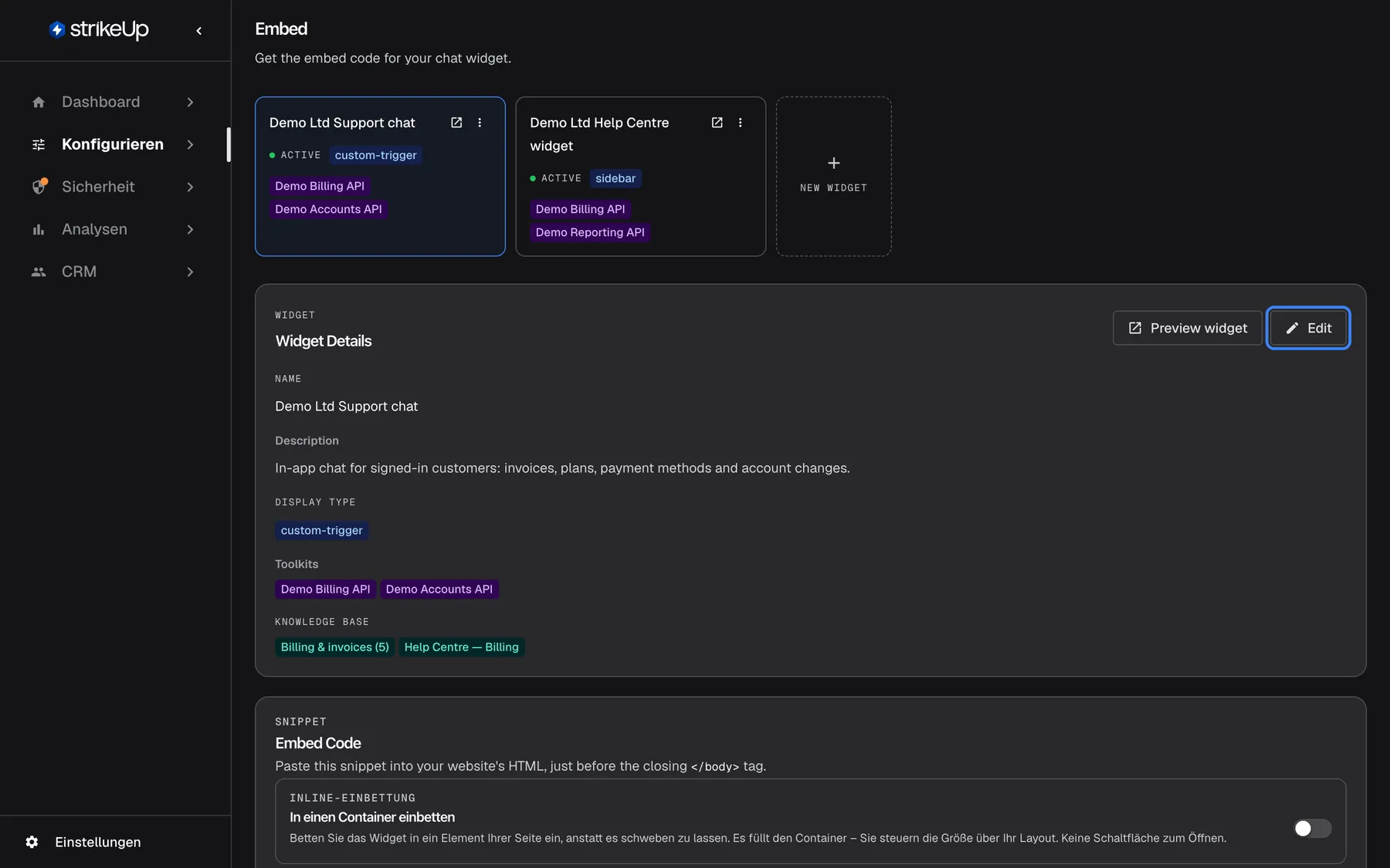 Die Seite Embed unter Konfigurieren; Überschrift und Karte erscheinen auch auf Deutsch in Englisch. Die Widget-Karte "Demo Ltd Support chat" ist ausgewählt. Die Karte Widget Details darunter zeigt Name "Demo Ltd Support chat", die Beschreibung, Display type "custom-trigger", die Toolkits "Demo Billing API" und "Demo Accounts API" sowie die Wissensdatenbank-Ordner "Billing & invoices (5)" und "Help Centre — Billing". Oben rechts in der Karte stehen "Preview widget" und die hervorgehobene Schaltfläche "Edit", die die Karte in ein Formular verwandelt.