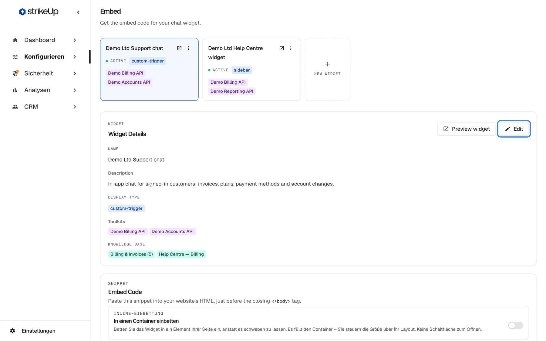 Die Seite Embed unter Konfigurieren; Überschrift und Karte erscheinen auch auf Deutsch in Englisch. Die Widget-Karte "Demo Ltd Support chat" ist ausgewählt. Die Karte Widget Details darunter zeigt Name "Demo Ltd Support chat", die Beschreibung, Display type "custom-trigger", die Toolkits "Demo Billing API" und "Demo Accounts API" sowie die Wissensdatenbank-Ordner "Billing & invoices (5)" und "Help Centre — Billing". Oben rechts in der Karte stehen "Preview widget" und die hervorgehobene Schaltfläche "Edit", die die Karte in ein Formular verwandelt.